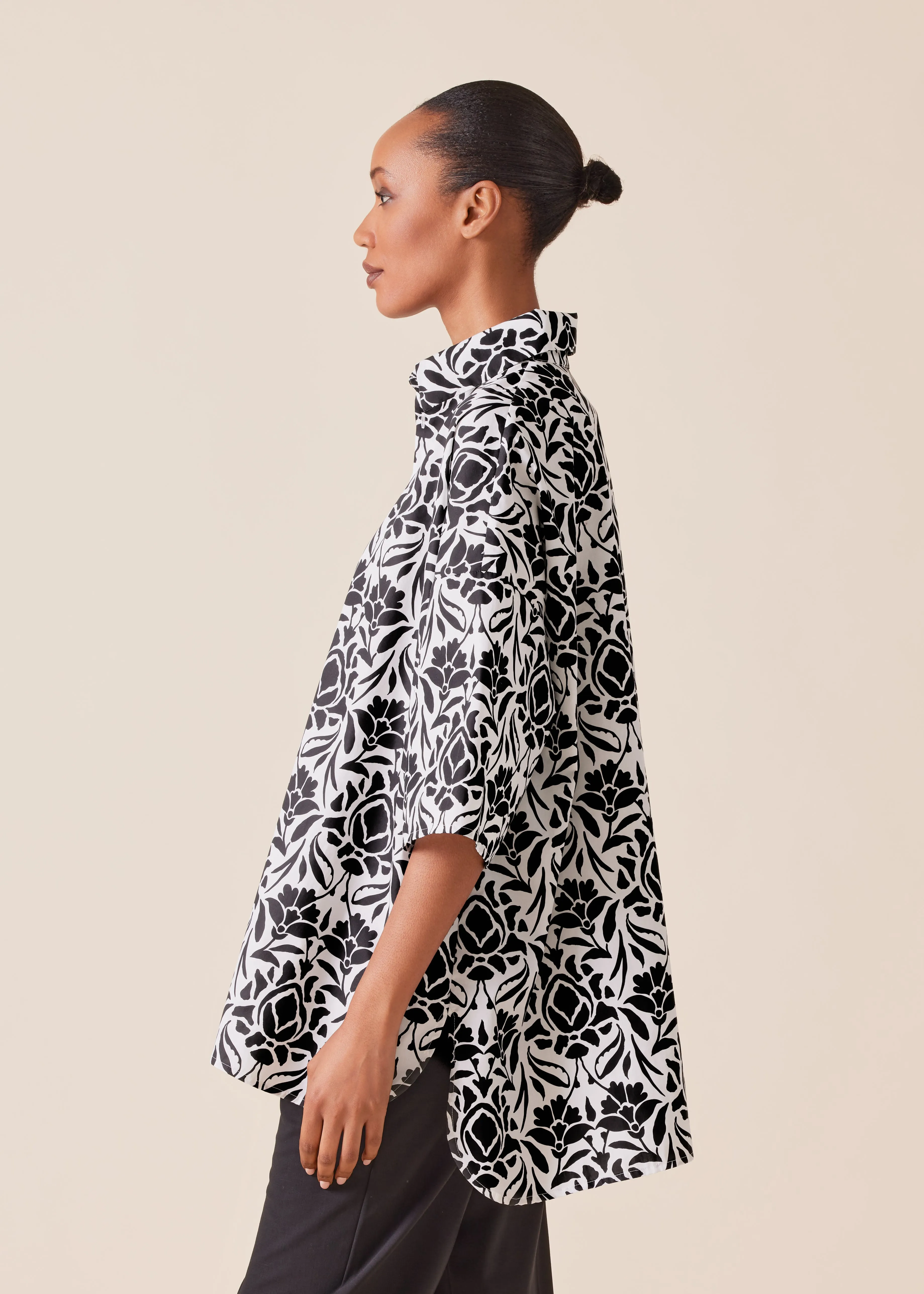 cotton sloped shoulder wide a-line short sleeve shirt with collar - long sold by eskandar product image thumbnail 2