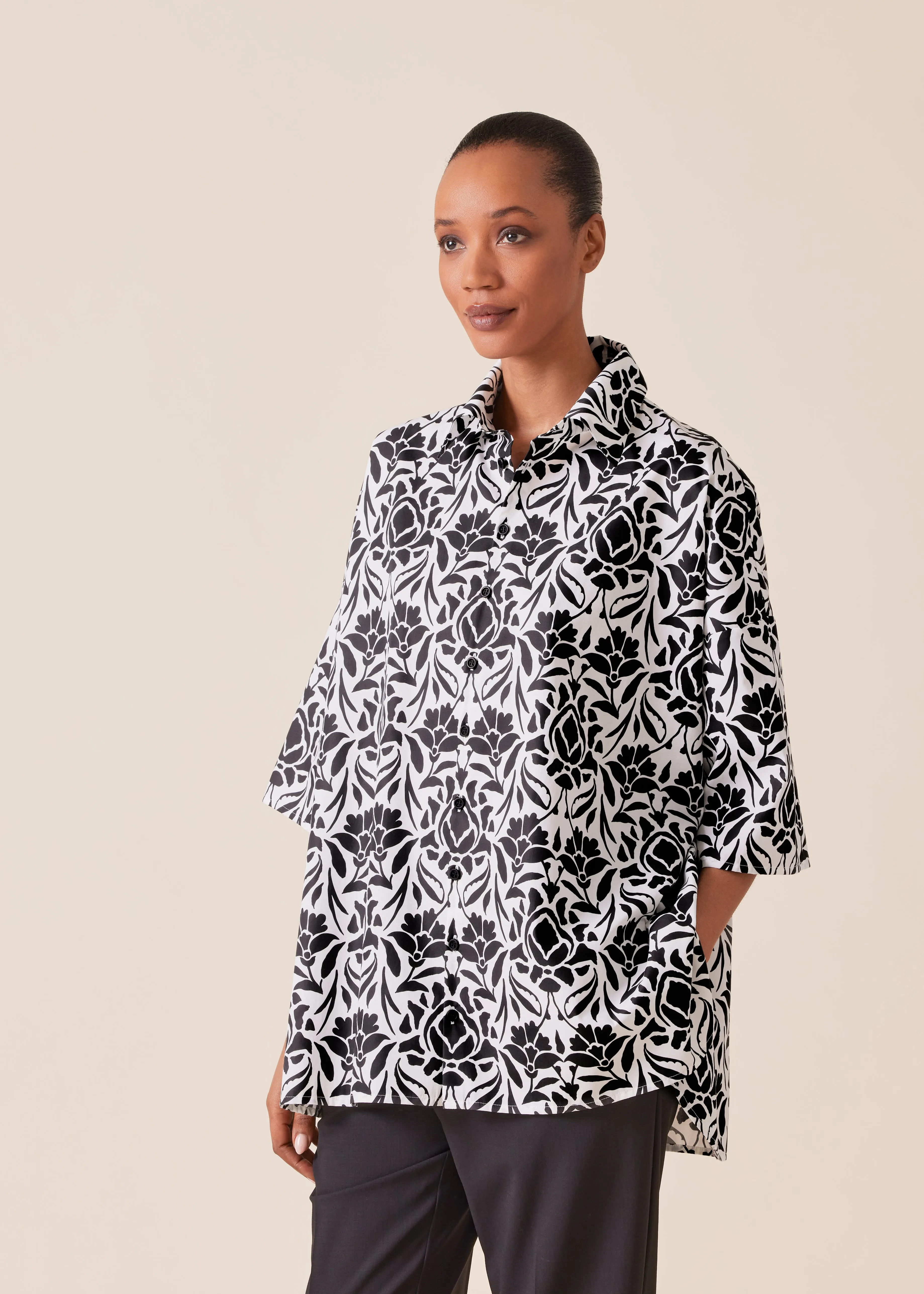 cotton sloped shoulder wide a-line short sleeve shirt with collar - long sold by eskandar