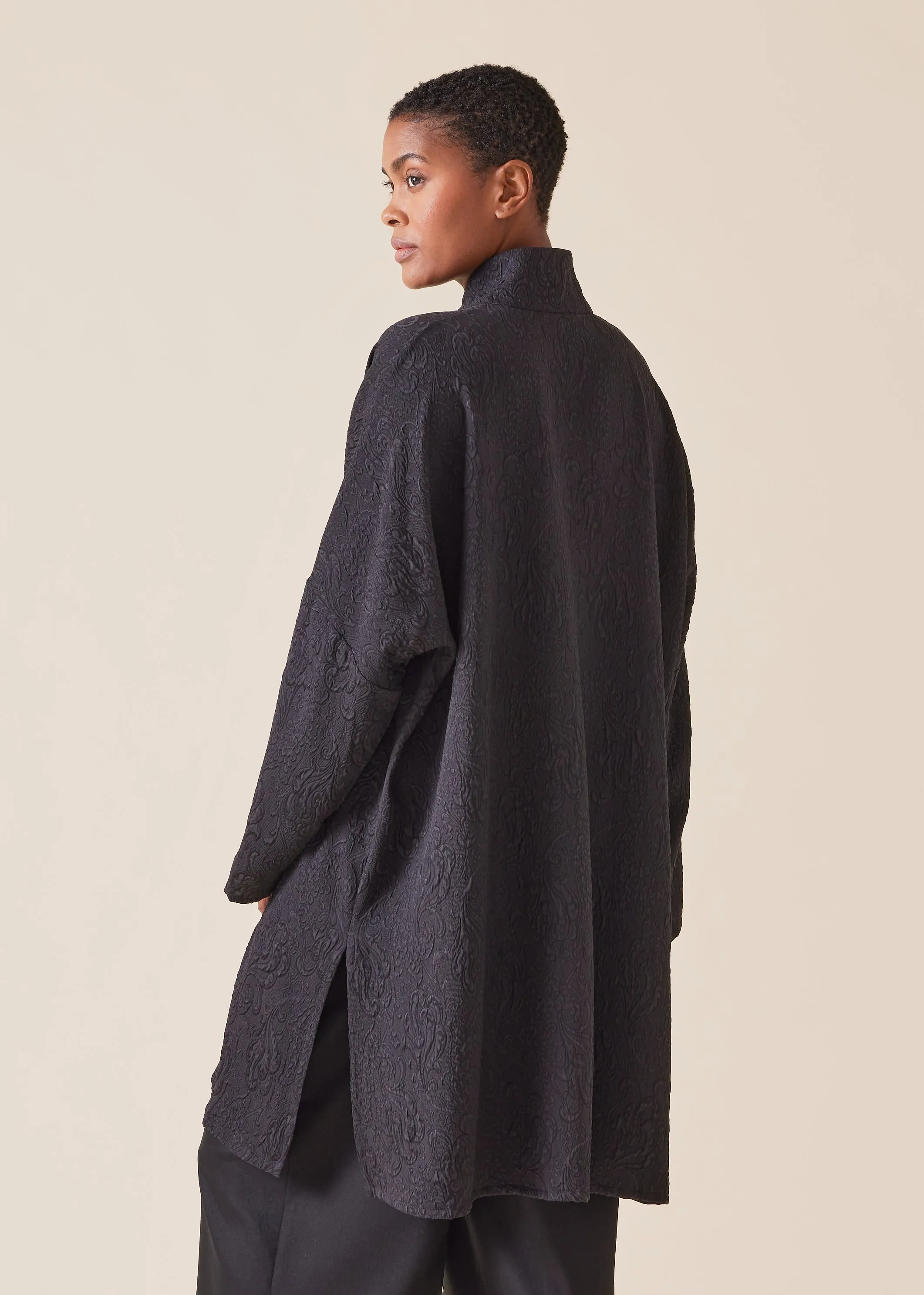 silk chinese imperial shirt with chinese collar - very long with slits (black) sold by eskandar product image thumbnail 3