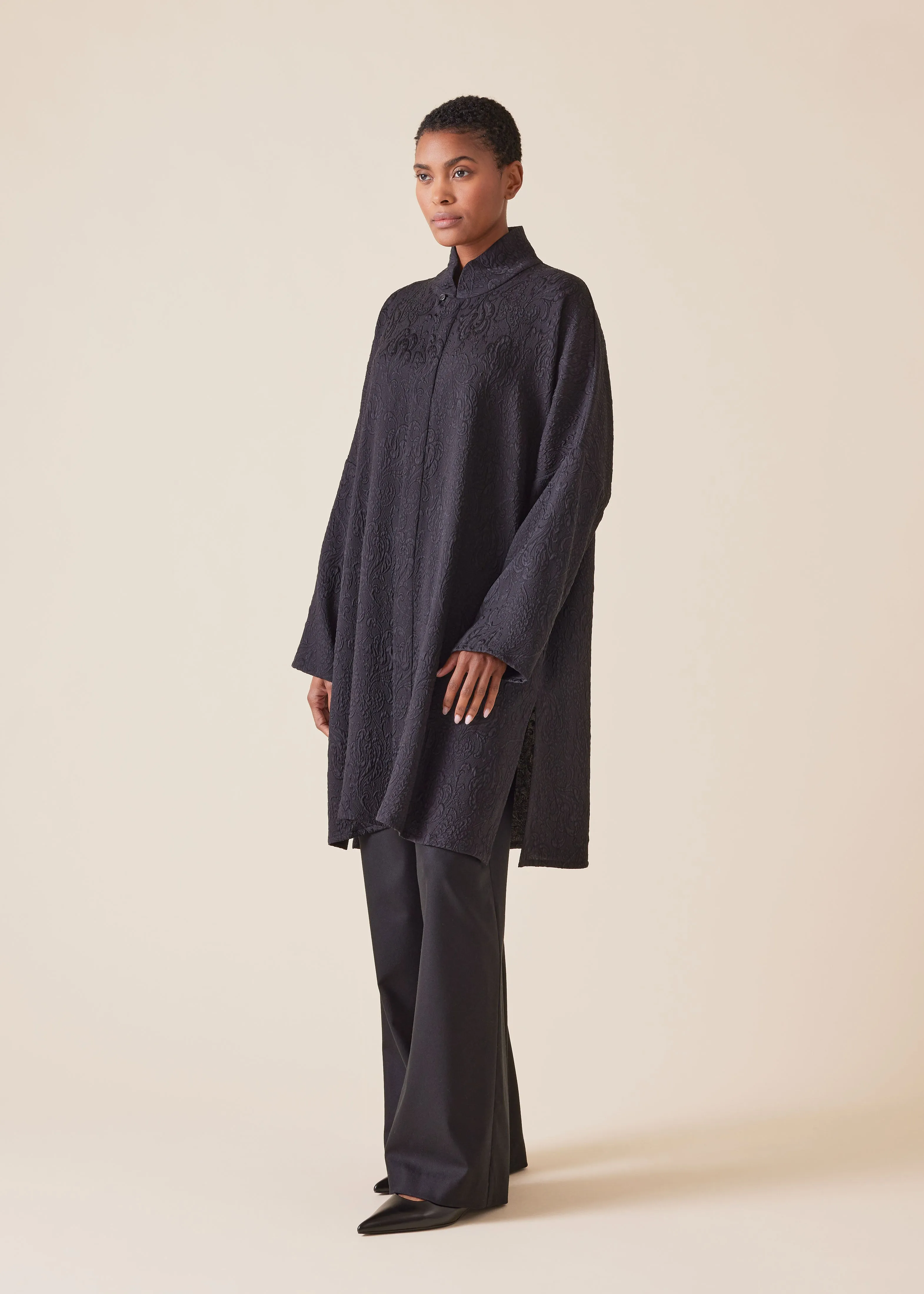 silk chinese imperial shirt with chinese collar - very long with slits (black) sold by eskandar product image thumbnail 2