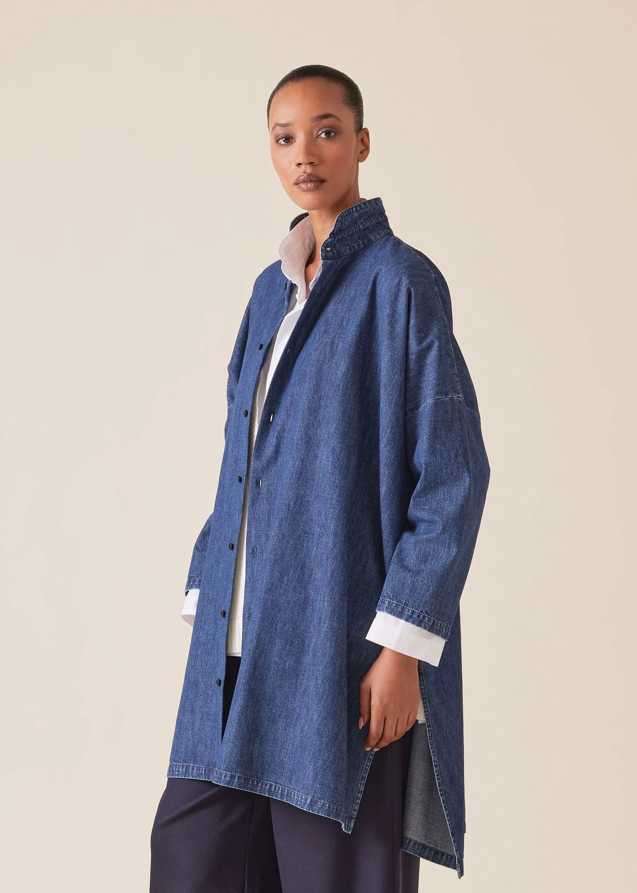 cotton denim wide longer back double stand collar shirt - very long with slits sold by eskandar