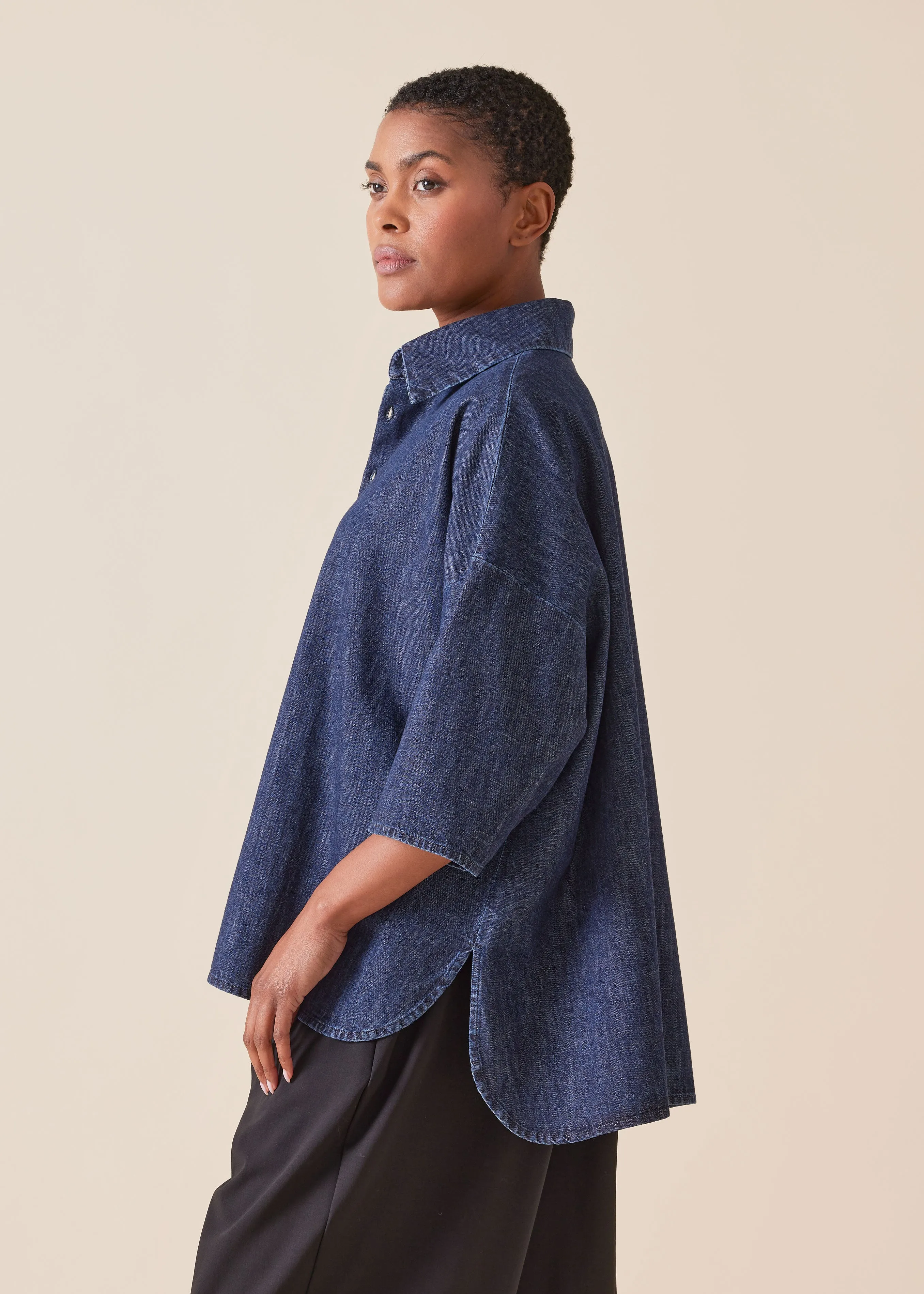 cotton denim sloped shoulder wide a-line short sleeve shirt with collar - mid sold by eskandar product image thumbnail 2