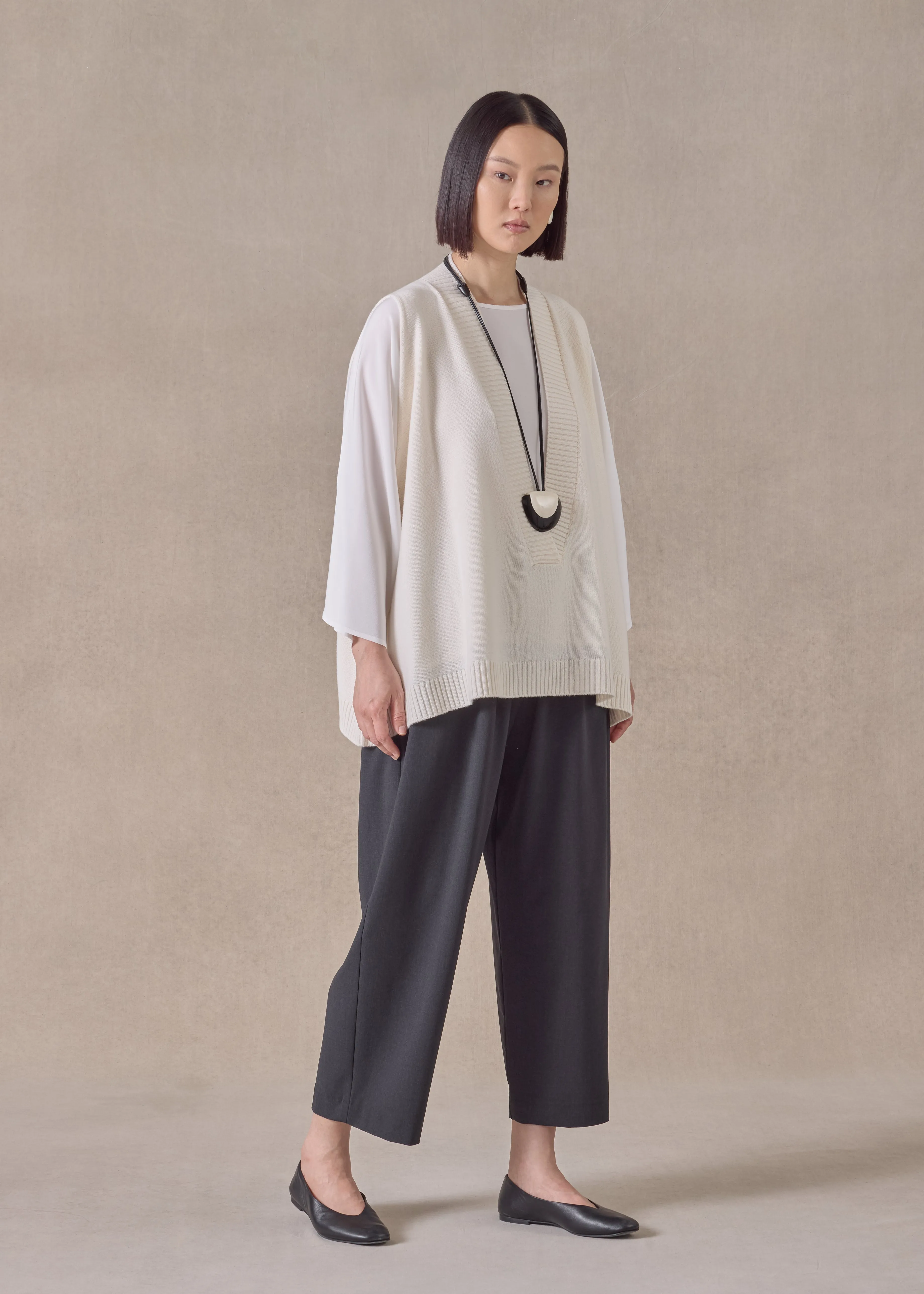 cashmere a-line sleeveless deep v-neck sweater - mid plus (ivory) sold by eskandar