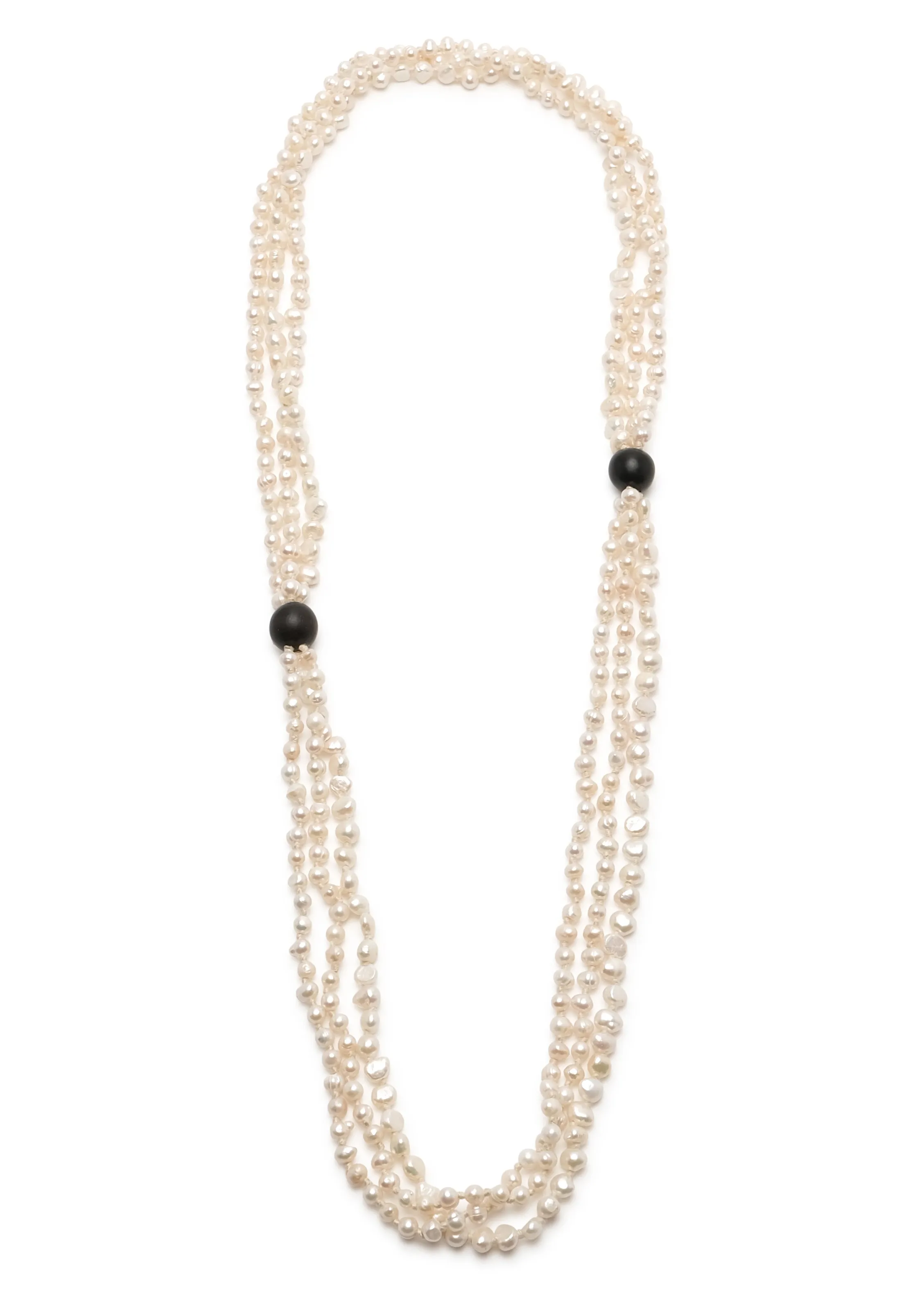 triple strand pearl necklace with wooden bead detail sold by eskandar