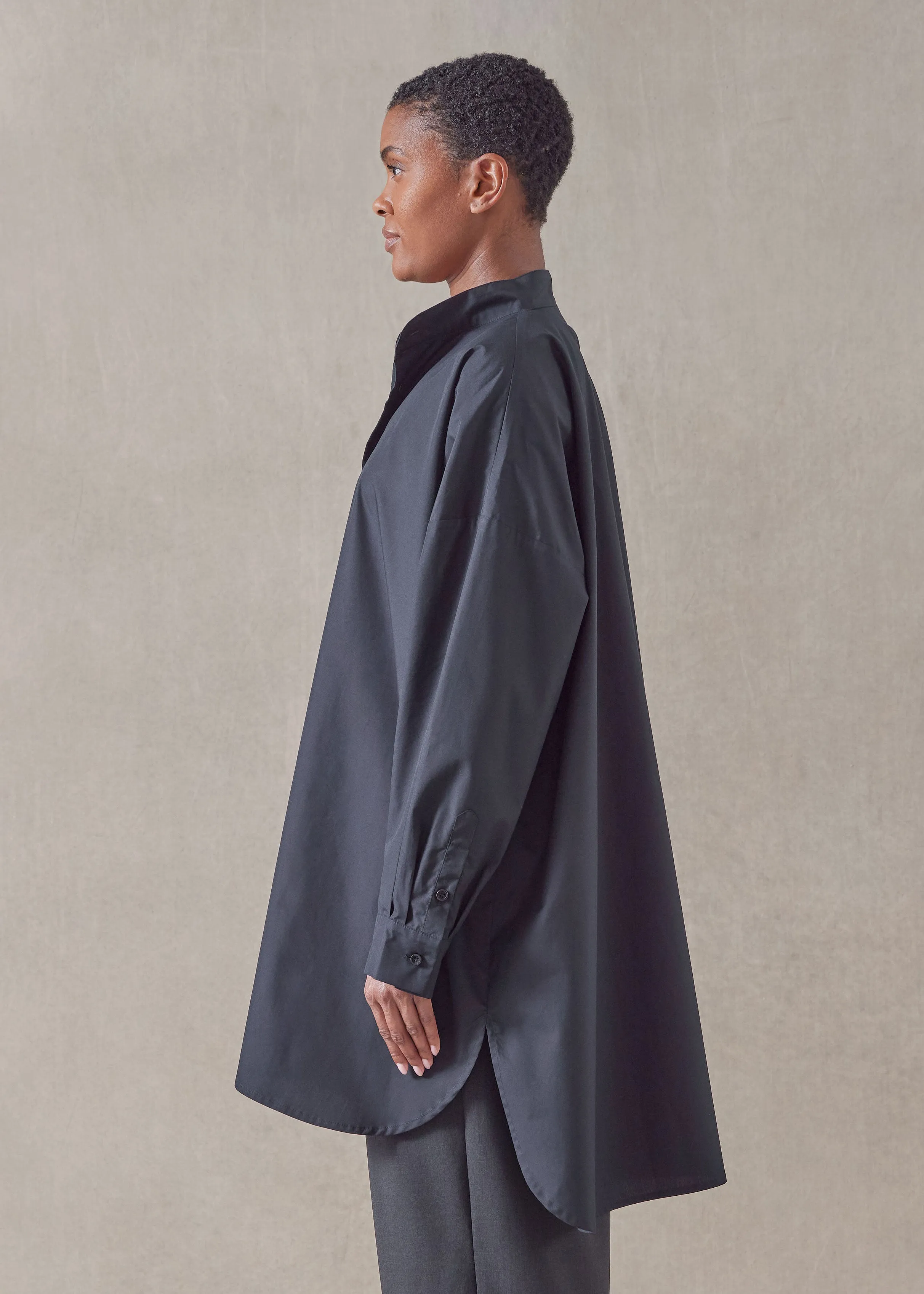 cotton wide a-line collarless classic shirt - long plus sold by eskandar product image thumbnail 2