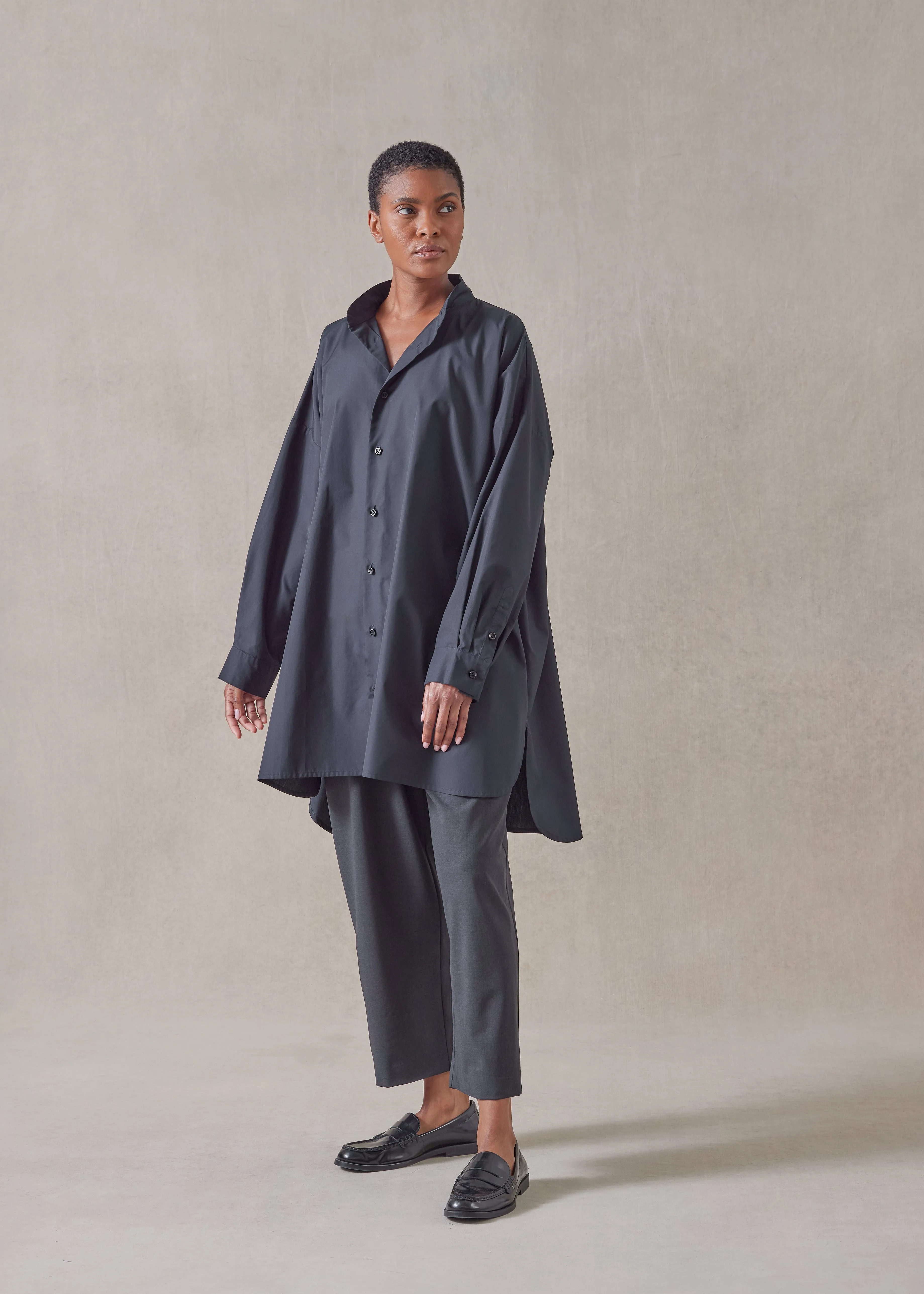 cotton wide a-line collarless classic shirt - long plus sold by eskandar product image thumbnail 4