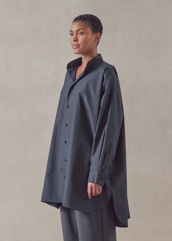 cotton wide a-line collarless classic shirt - long plus sold by eskandar