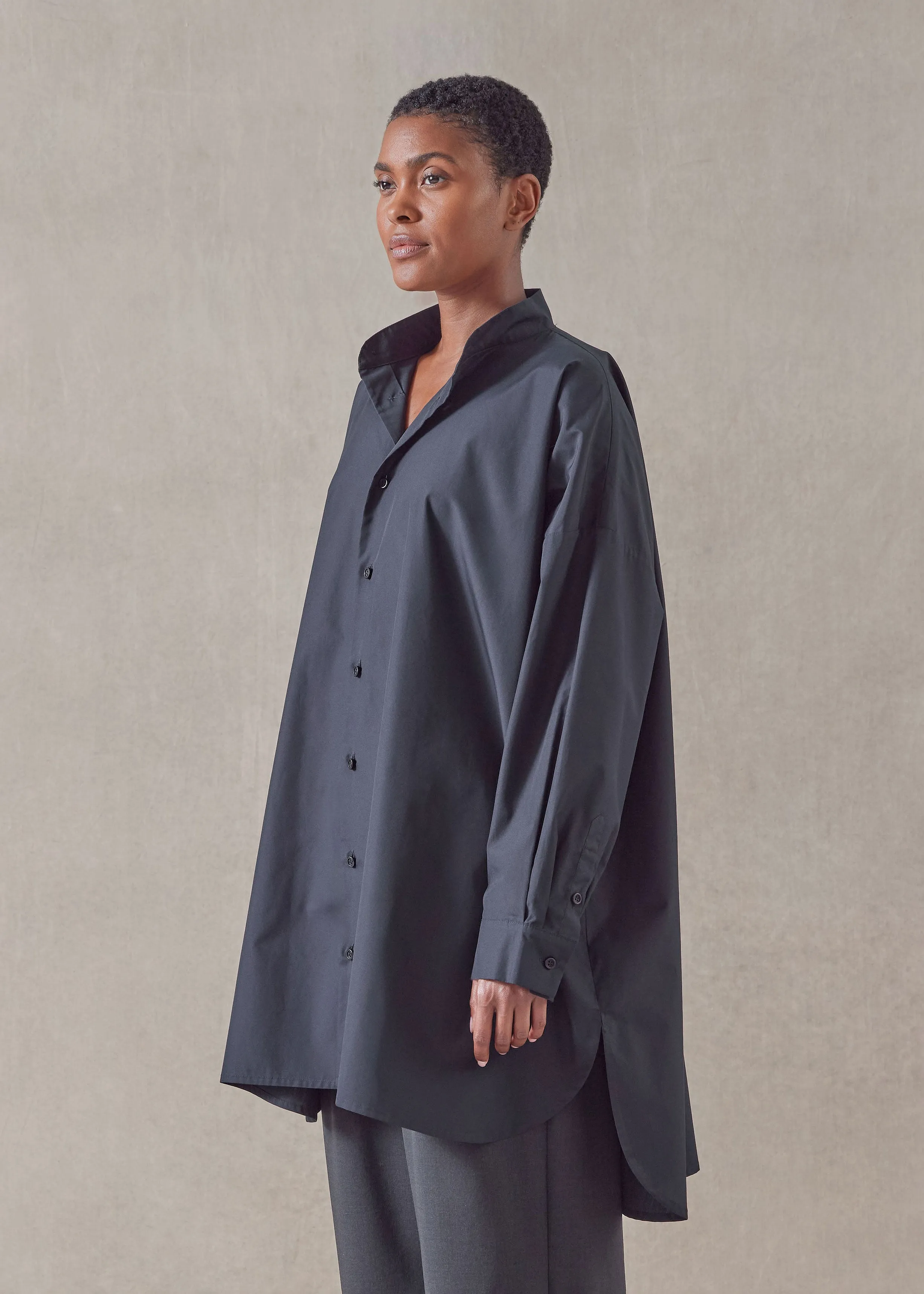 cotton wide a-line collarless classic shirt - long plus sold by eskandar