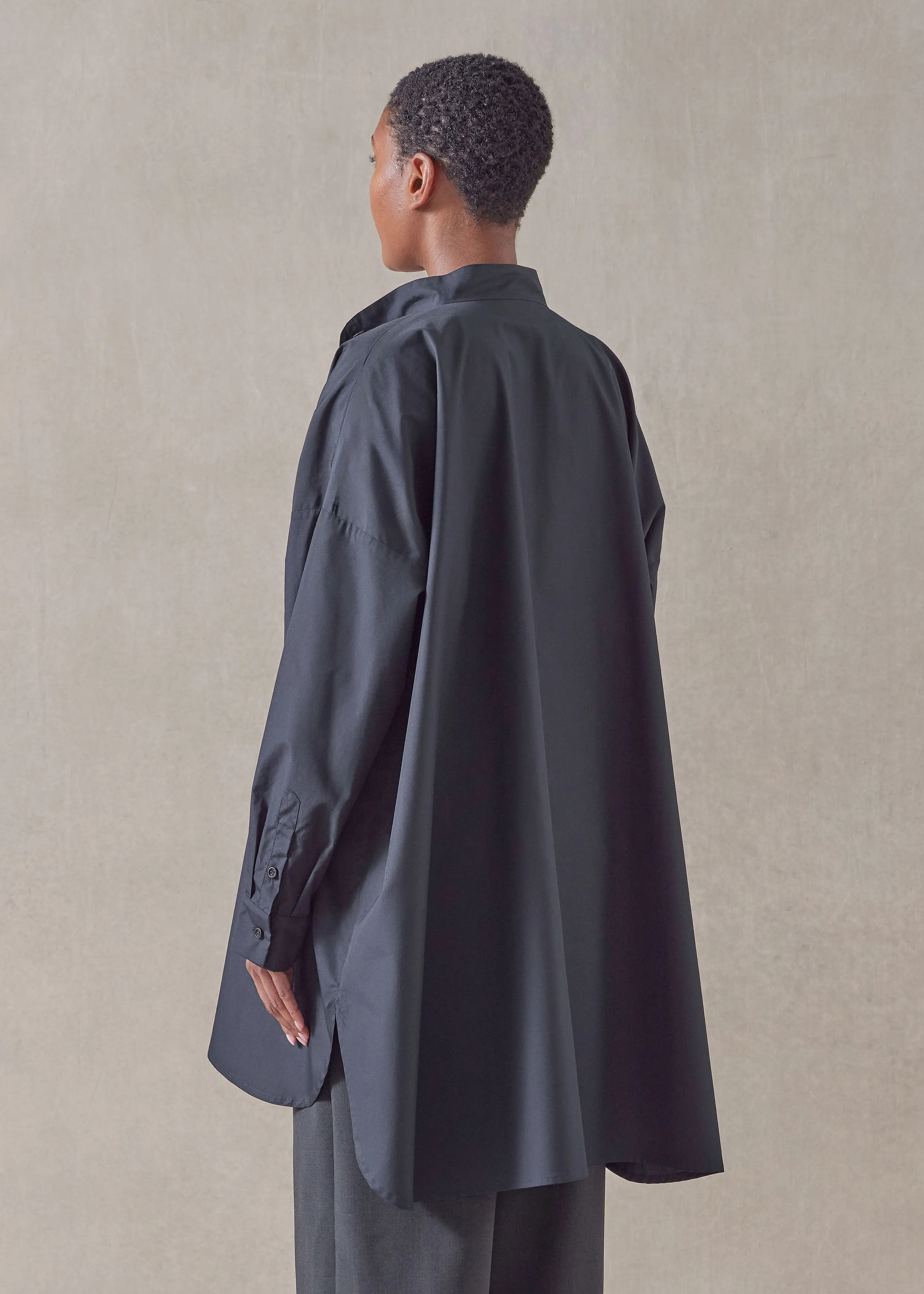 cotton wide a-line collarless classic shirt - long plus sold by eskandar product image thumbnail 3