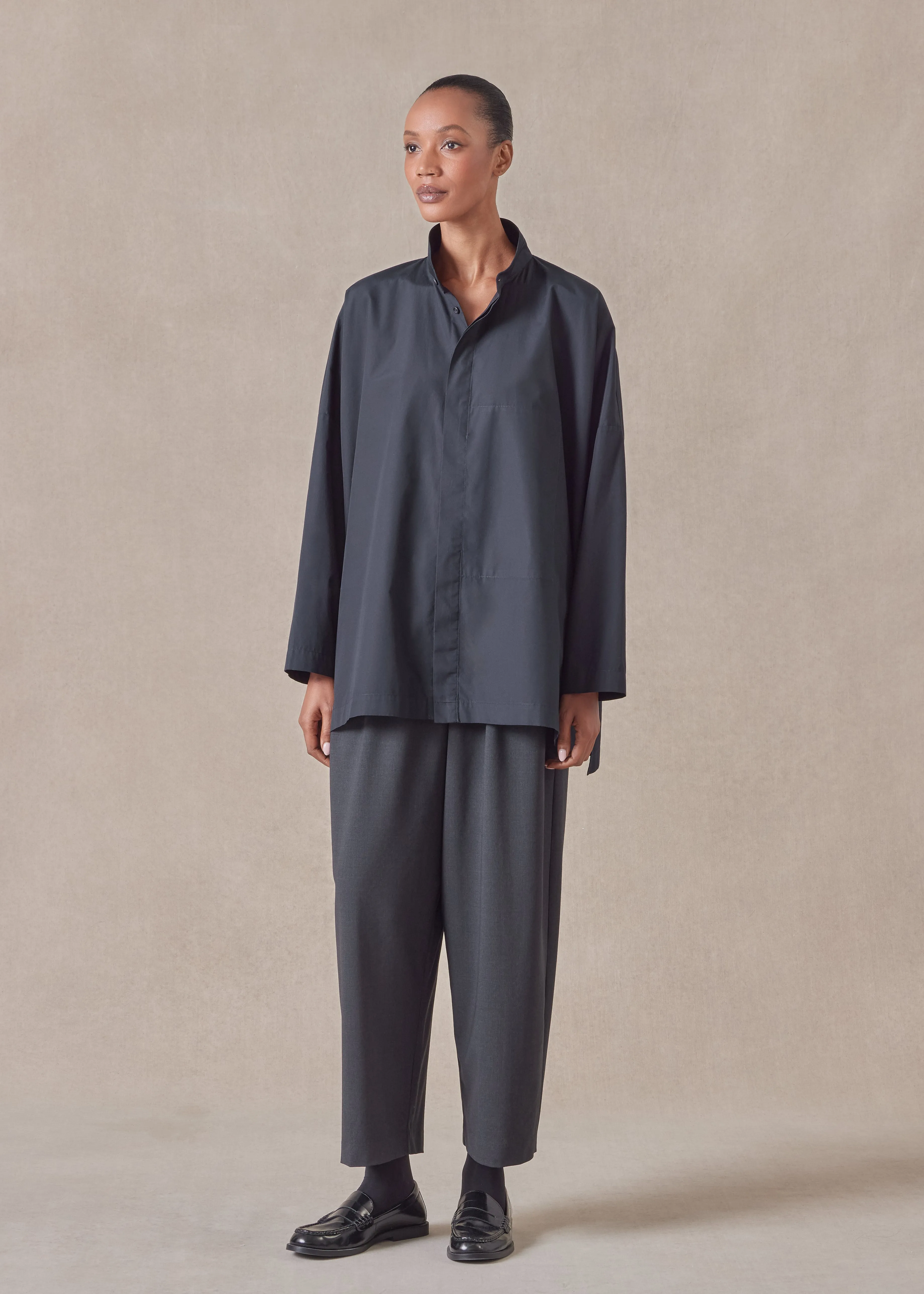 cotton wide double stand collar shirt with hidden pocket - long sold by eskandar