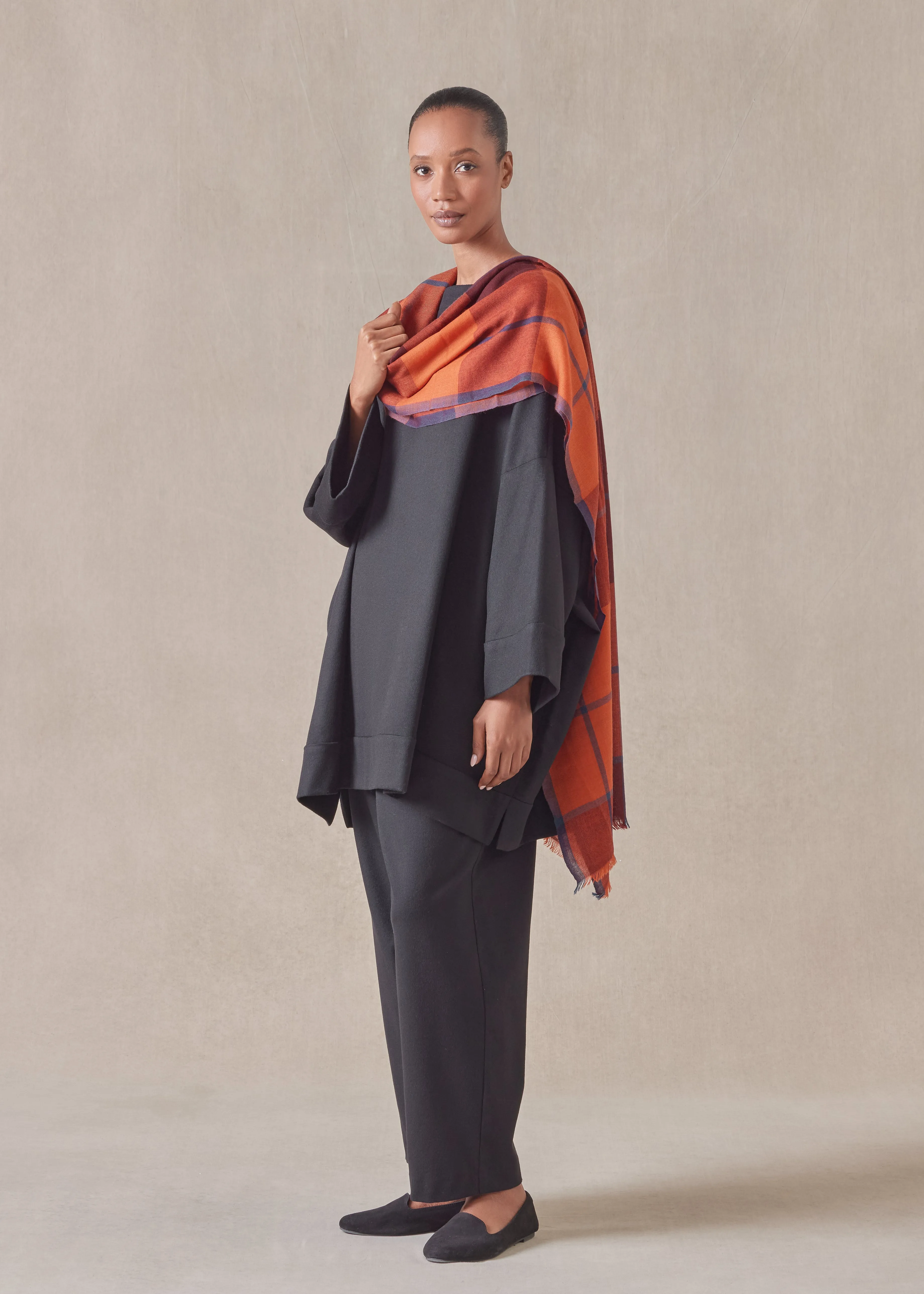 cashmere sloped shoulder scoop neck poncho with hembands - long plus sold by eskandar product image thumbnail 2