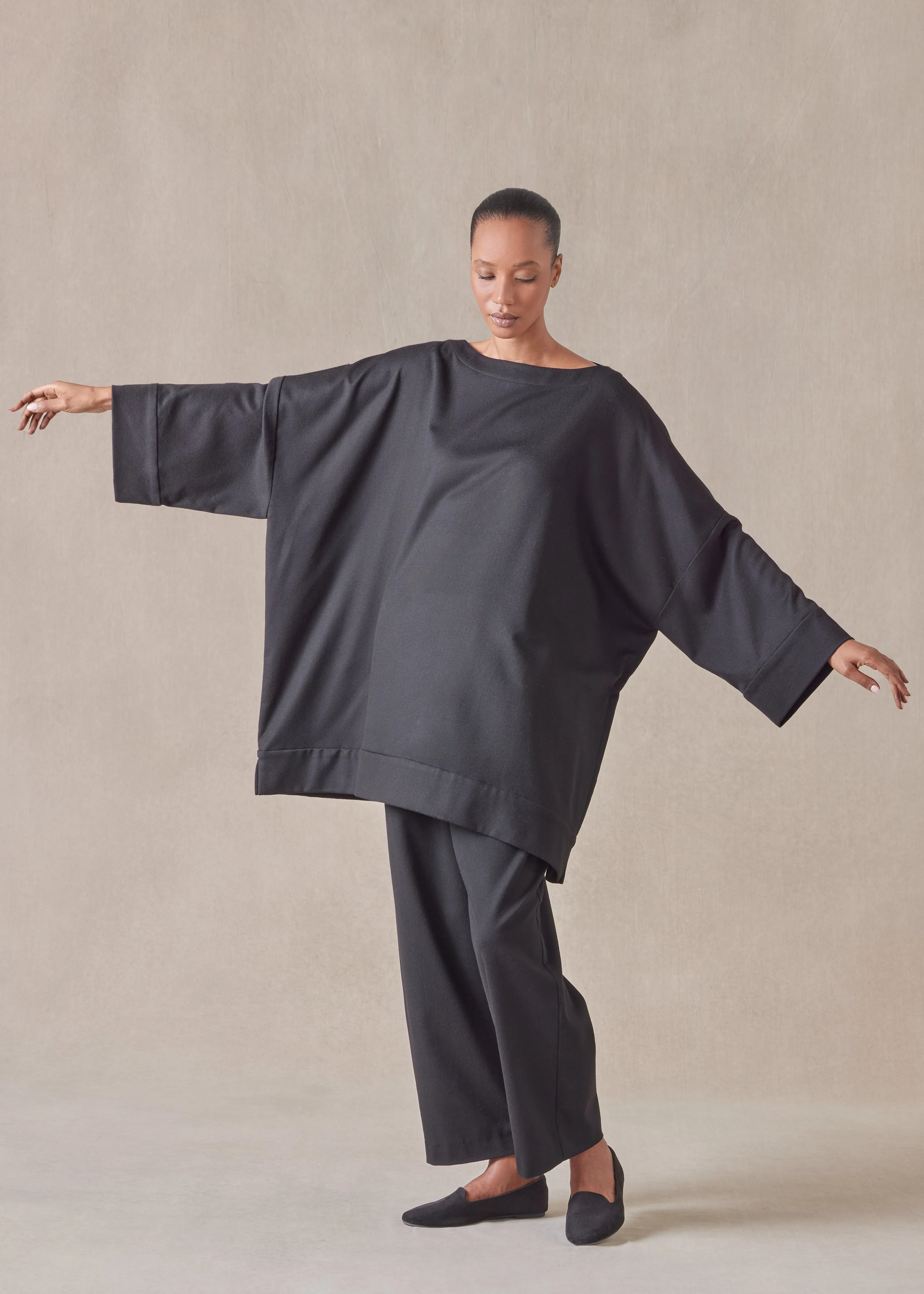 cashmere sloped shoulder scoop neck poncho with hembands - long plus sold by eskandar product image thumbnail 5