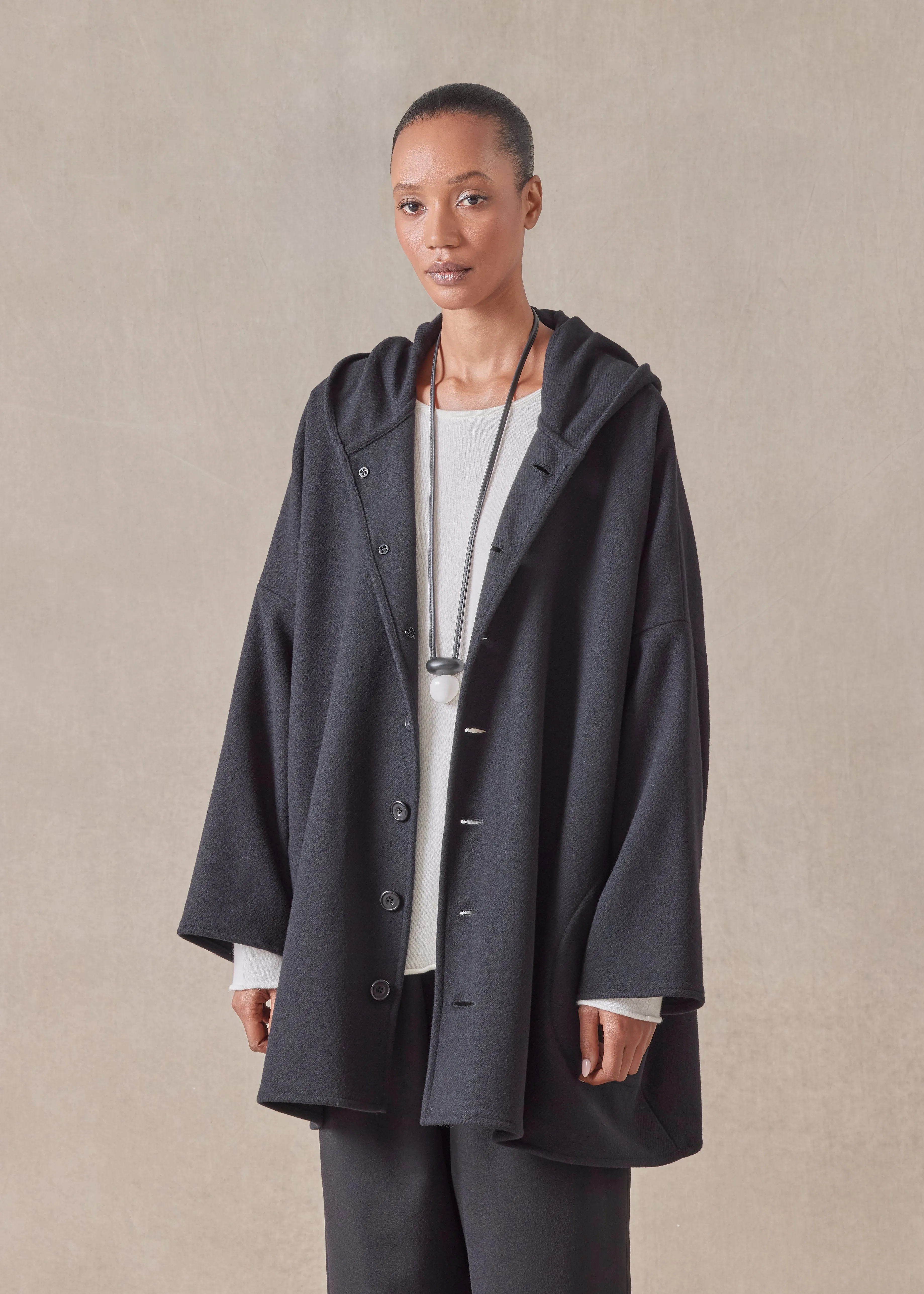 wool cashmere mix wide hooded buttoned coat - long plus (black) sold by eskandar product image thumbnail 2