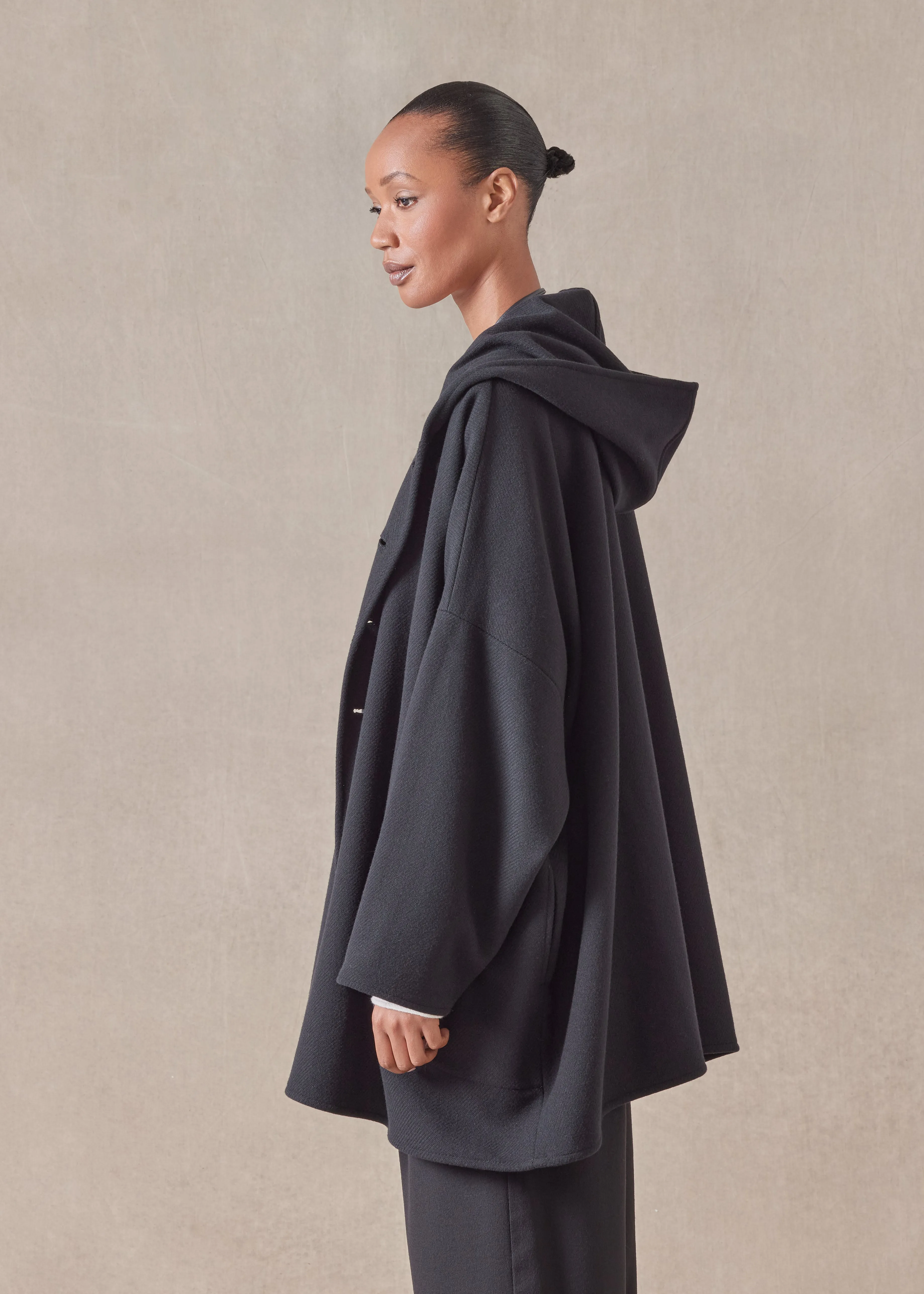 wool cashmere mix wide hooded buttoned coat - long plus (black) sold by eskandar product image thumbnail 3