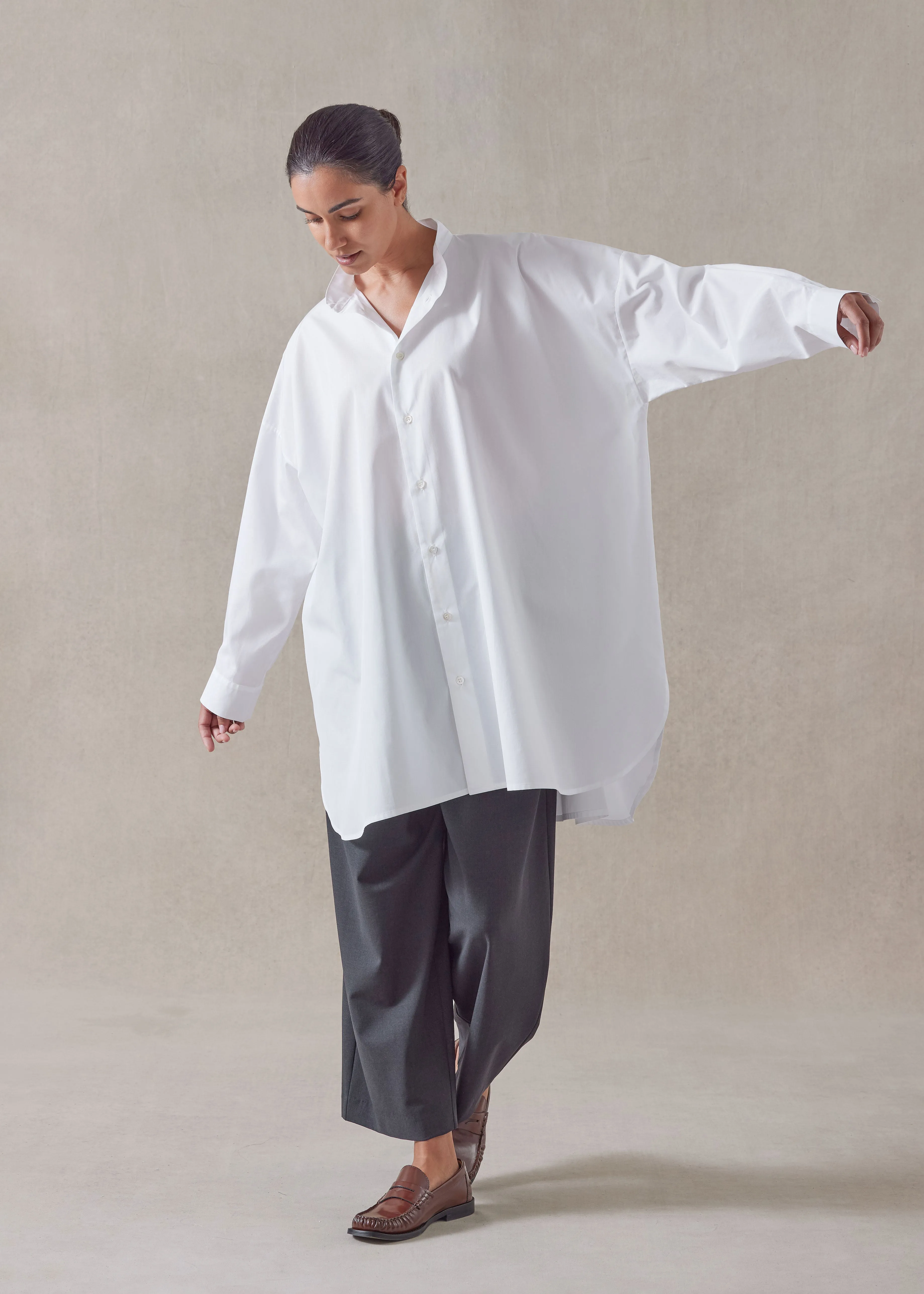 cotton wide a-line collarless classic shirt - long plus sold by eskandar product image thumbnail 4
