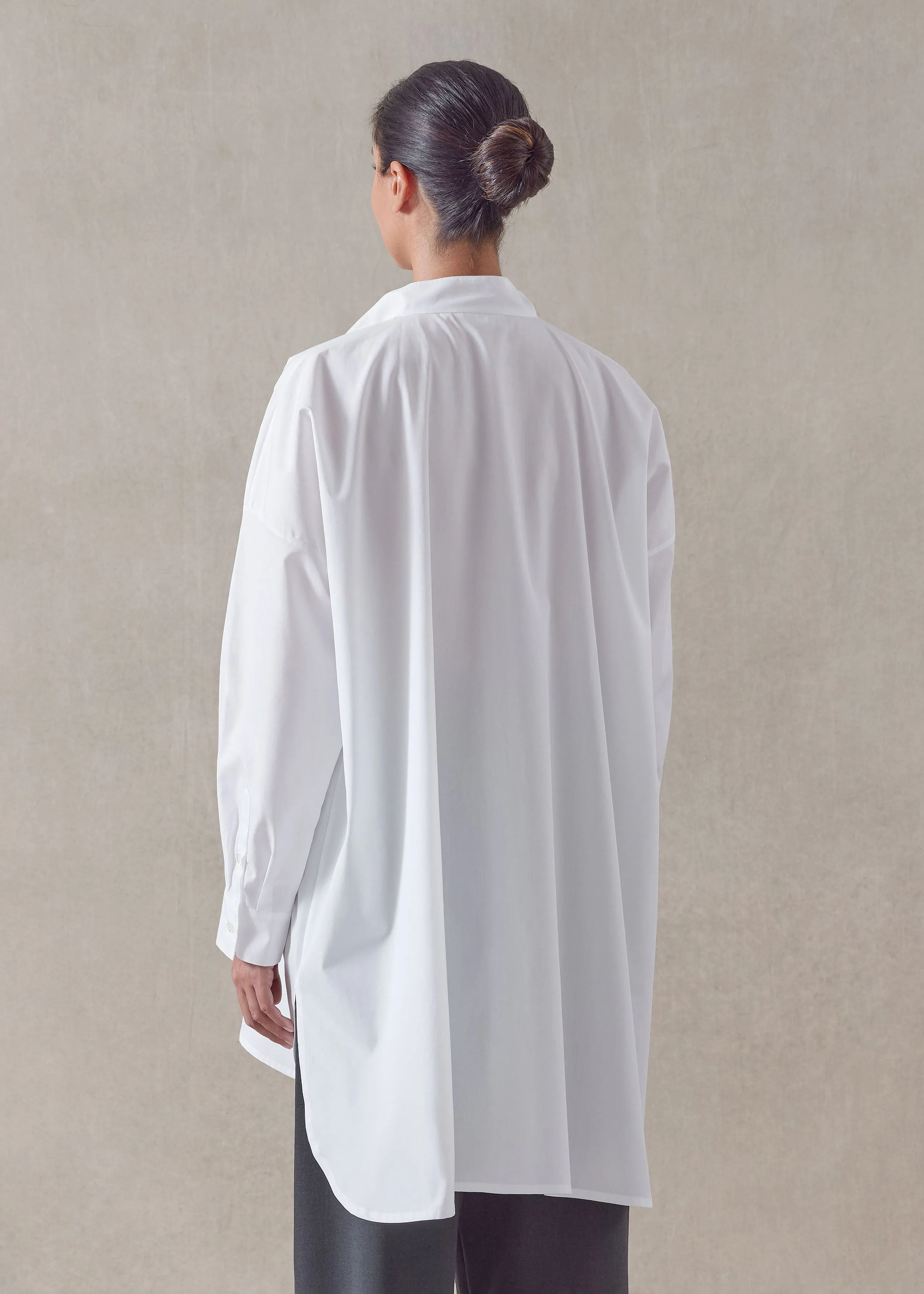 cotton wide a-line collarless classic shirt - long plus sold by eskandar product image thumbnail 3