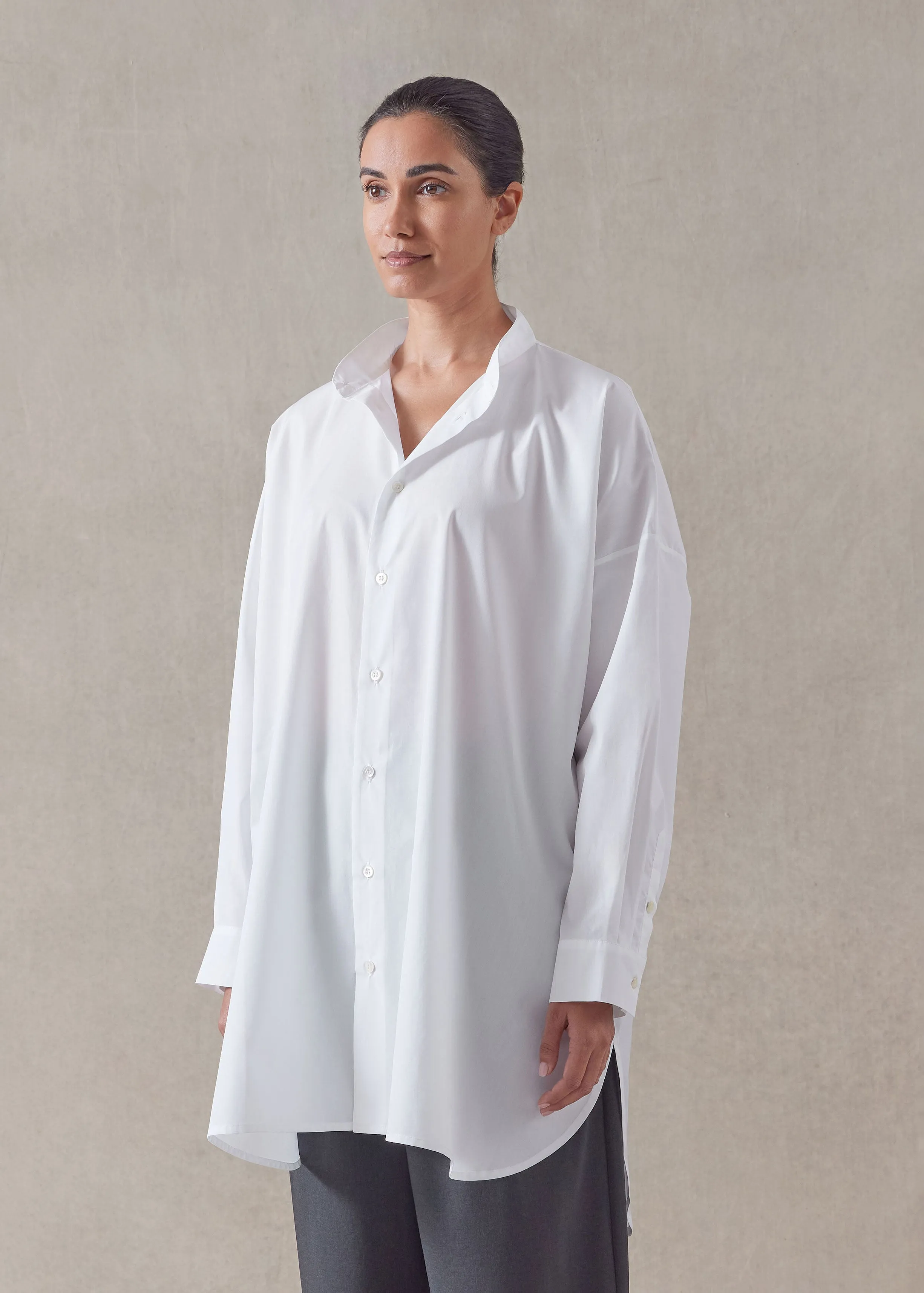 cotton wide a-line collarless classic shirt - long plus sold by eskandar