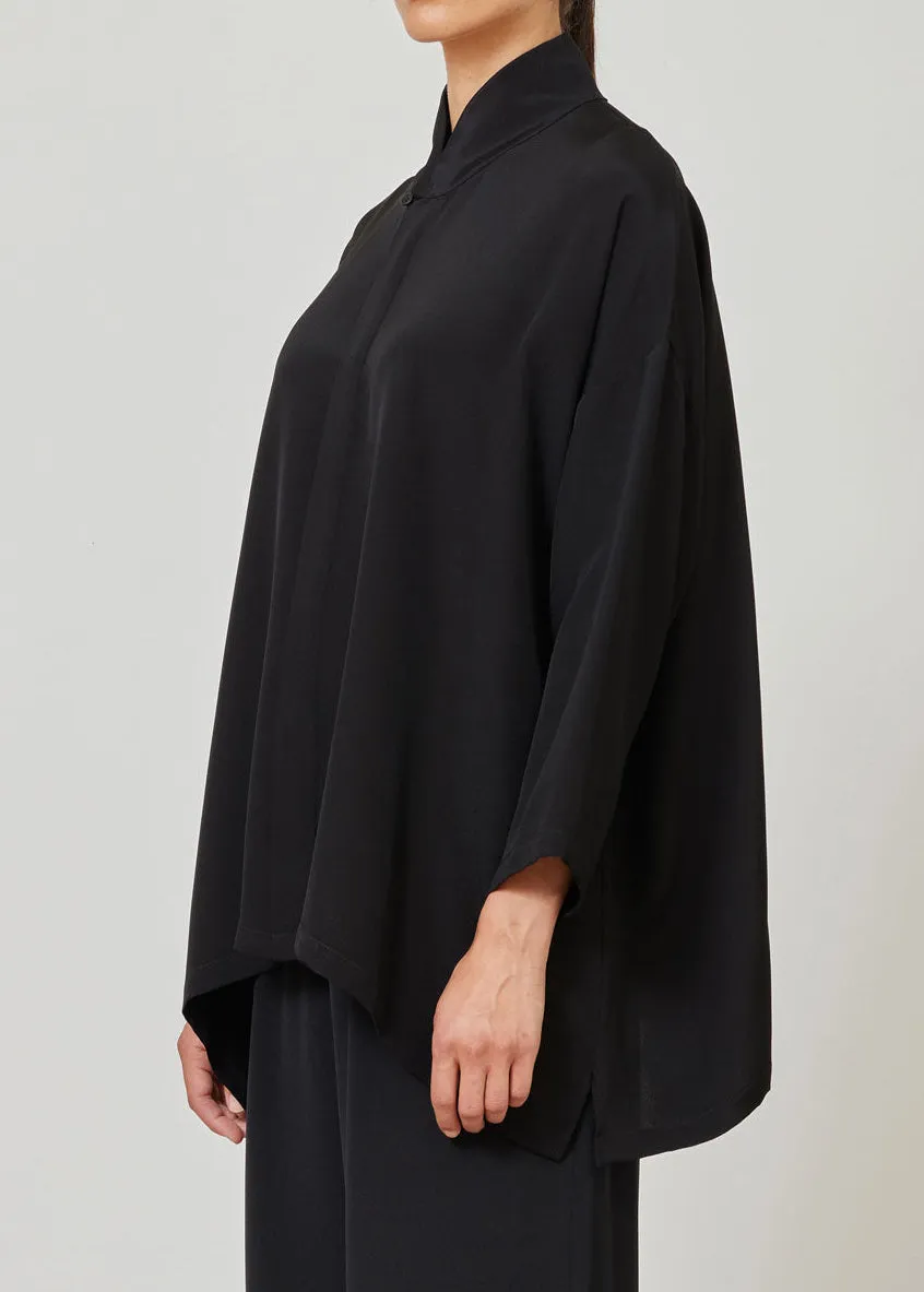 silk wide a-line shirt with chinese collar - long (black) sold by eskandar