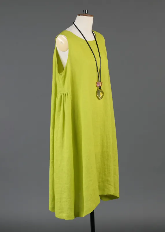 linen 3/4 length side pleated sleeveless dress in greenlemon sold by eskandar