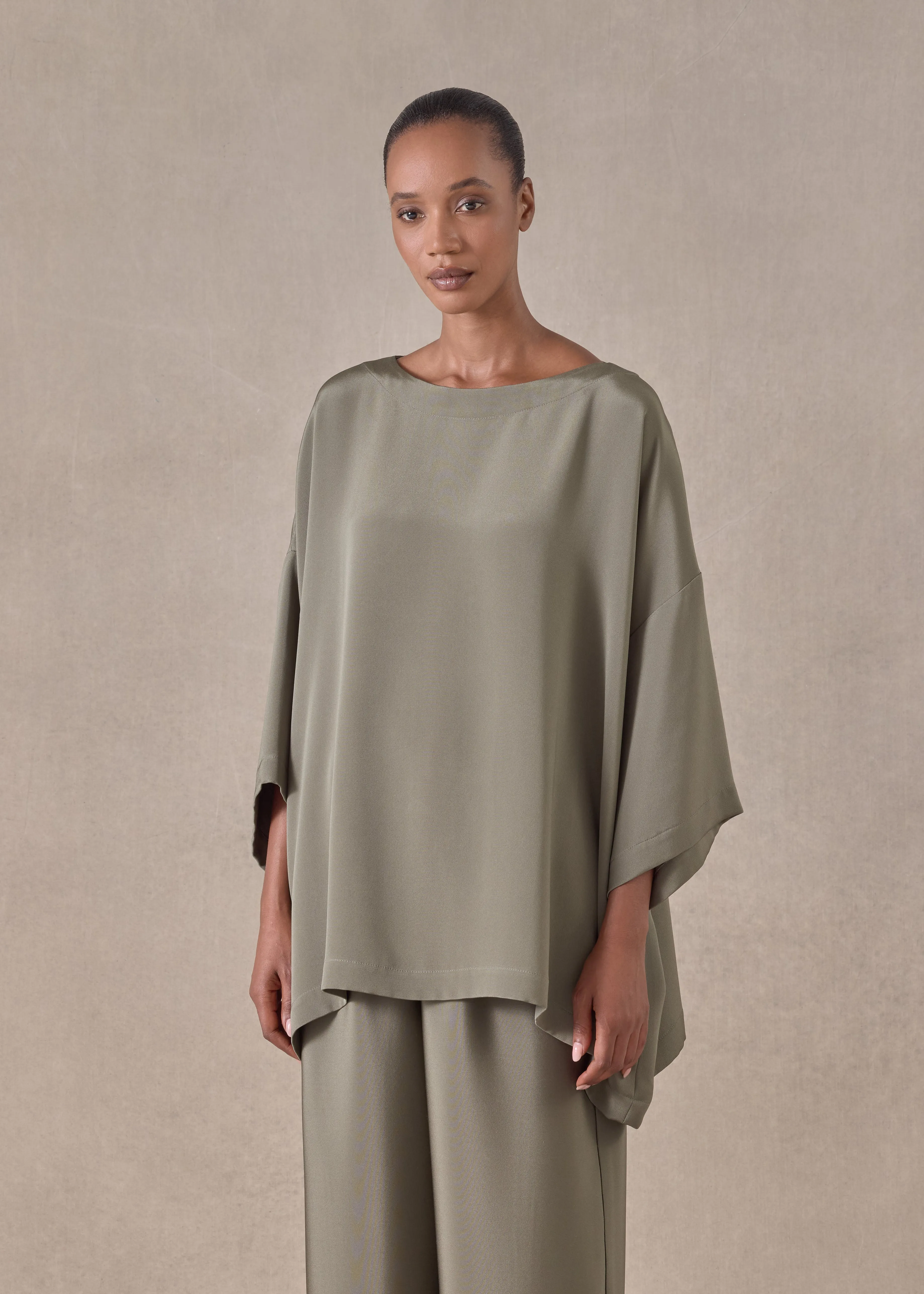 silk 3/4 sleeve bateau neck tunic - long (olivedark) sold by eskandar product image thumbnail 2