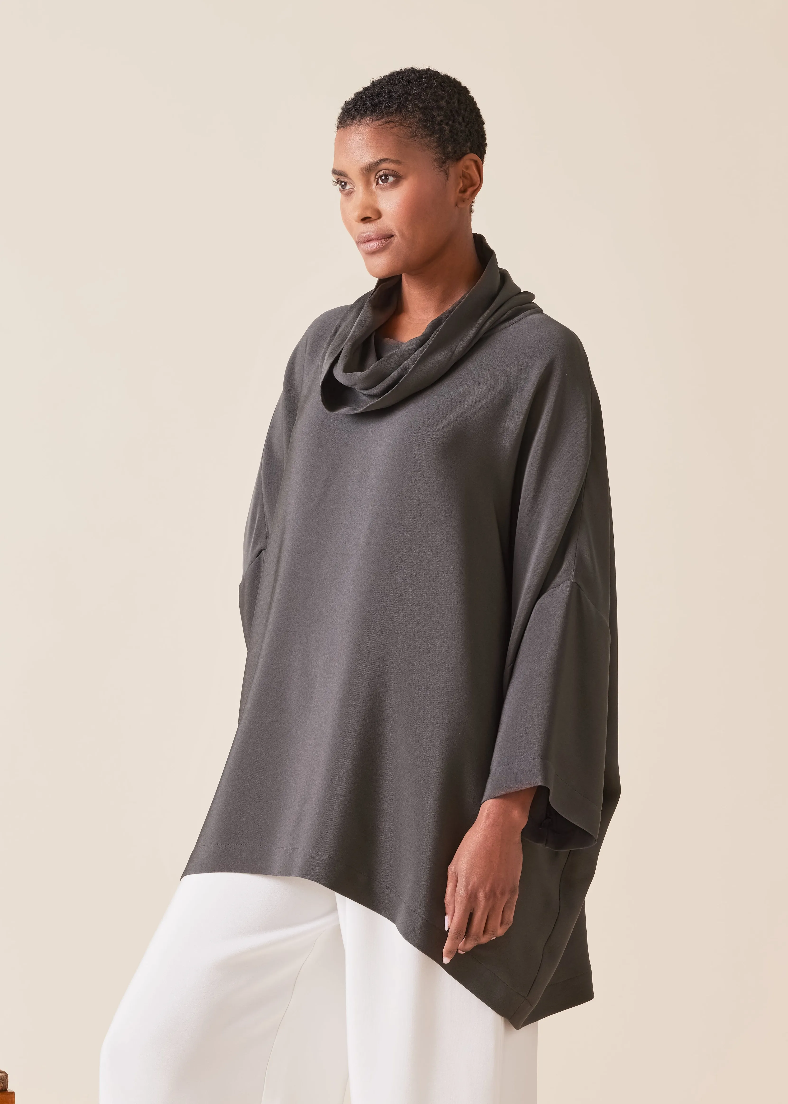 silk sloped shoulder cowl neck top - long (3/4 sleeves) (tar) sold by eskandar product image thumbnail 2