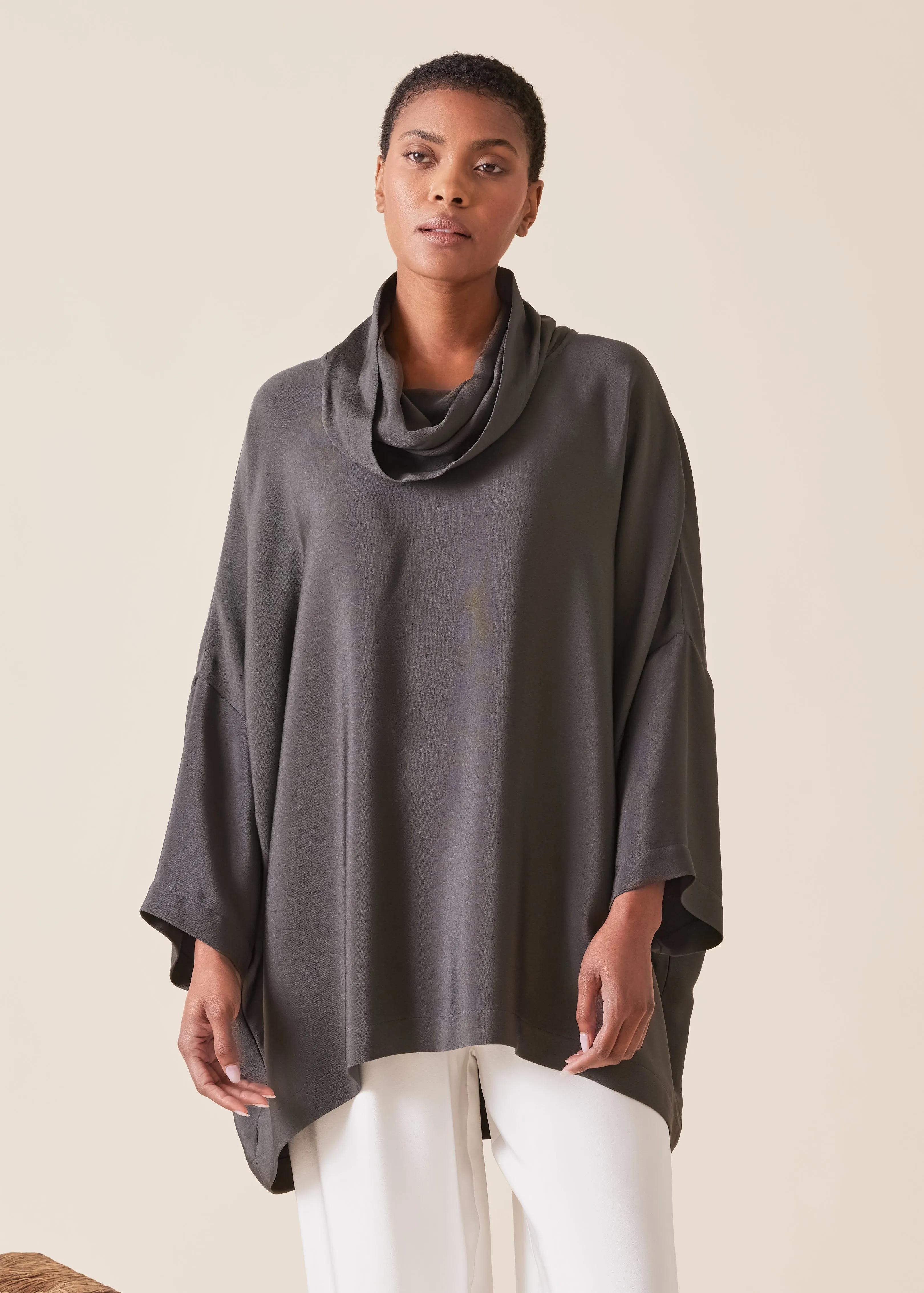 silk sloped shoulder cowl neck top - long (3/4 sleeves) (tar) sold by eskandar