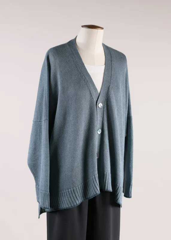 linen longer back 3/4 width v neck cardigan - mid plus (bluestorm/deep) sold by eskandar