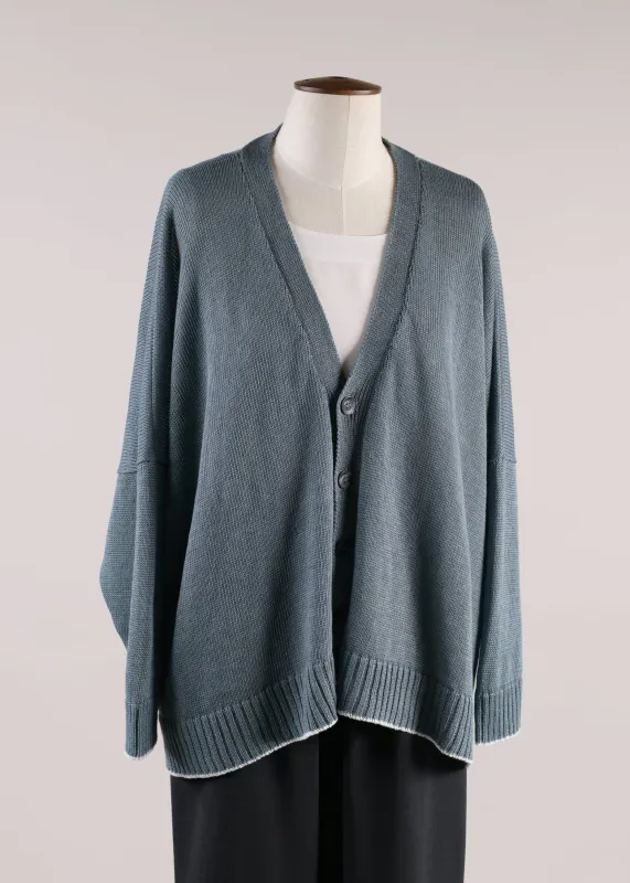 linen 3/4 width v neck cardigan - mid plus (bluestorm/white) sold by eskandar