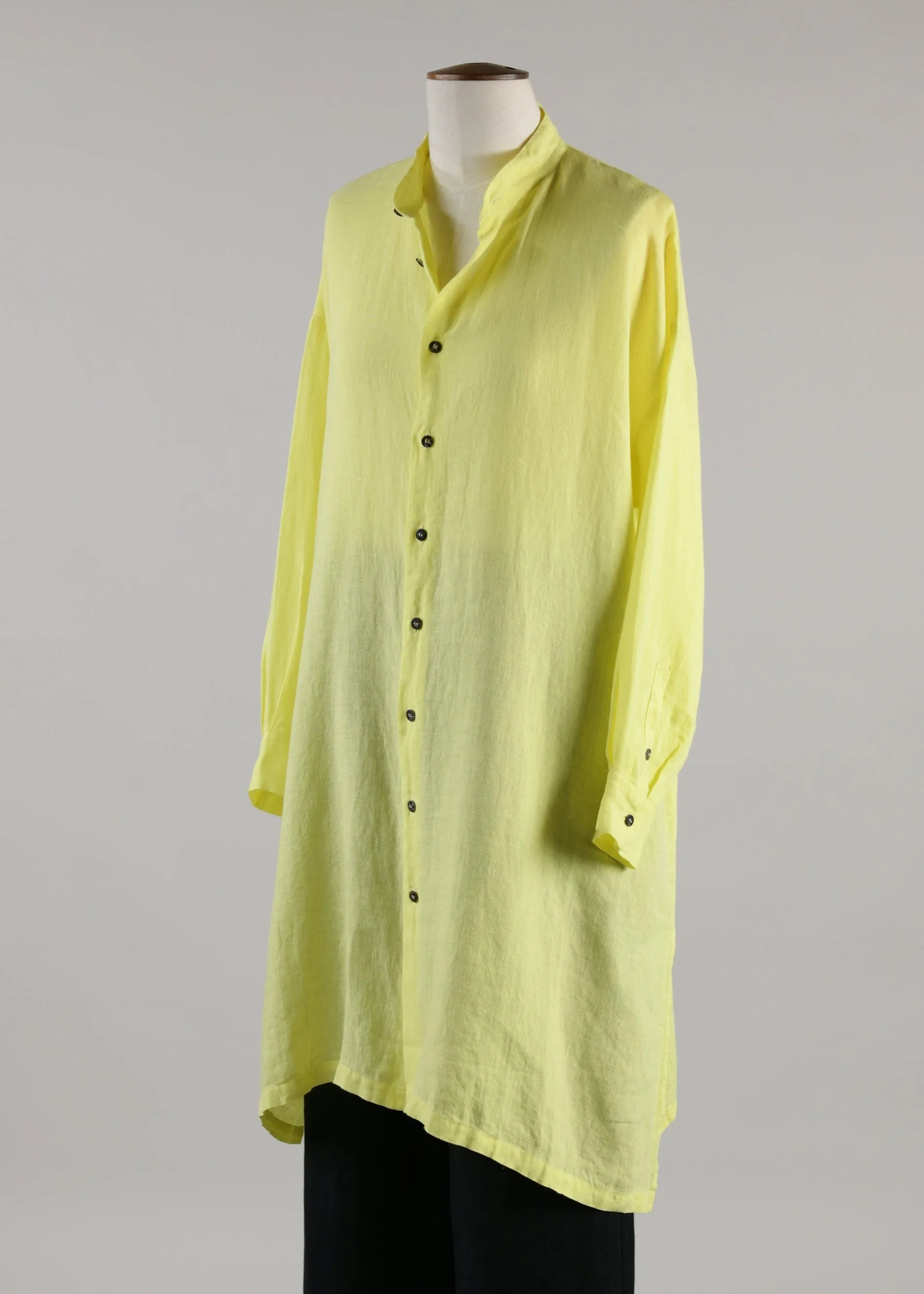 linen wide a-line collarless shirt - very long with slits (lemonsour) sold by eskandar