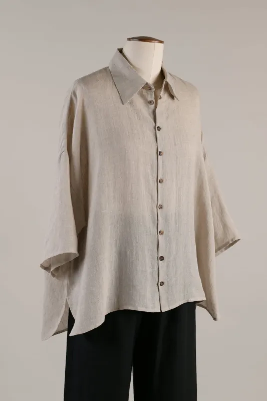 linen sloped shoulder wide a-line  shirt with collar - mid (natural) made by eskandar