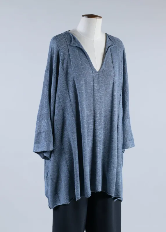 linen mix slit neck short sleeve top - mid plus (bluestorm) sold by eskandar