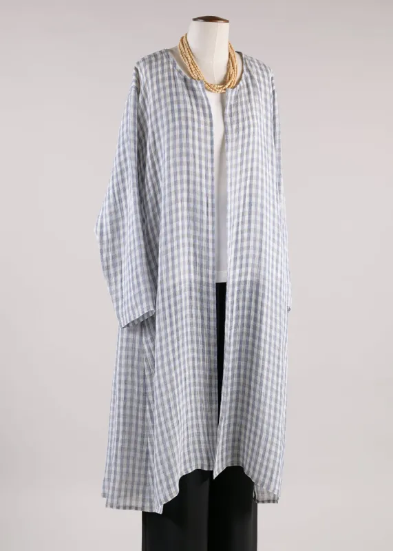 linen mix 3/4 length side pleated round neck coat (denim/natural) sold by eskandar