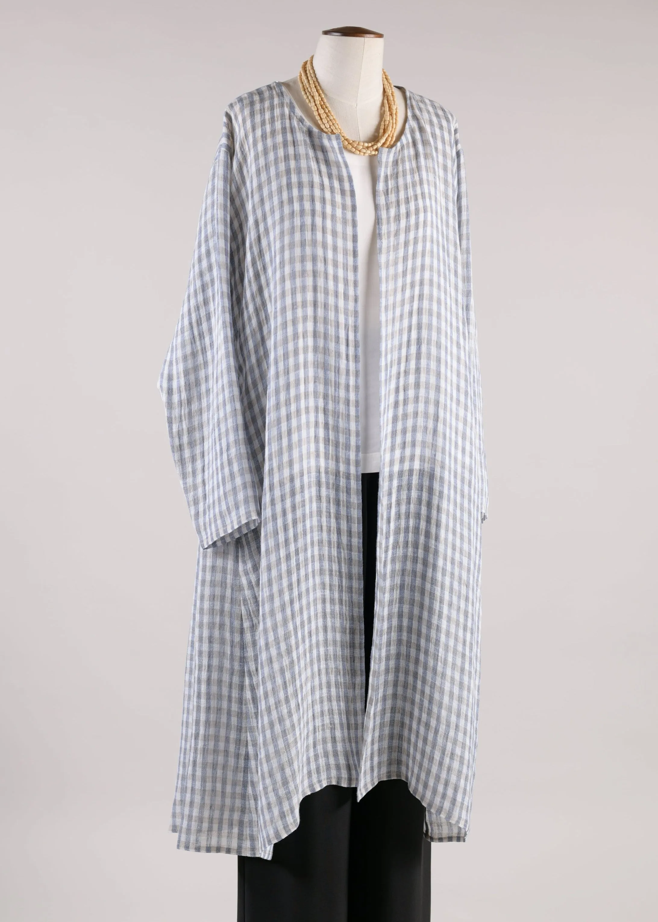 linen mix 3/4 length side pleated round neck coat (denim/natural) sold by eskandar