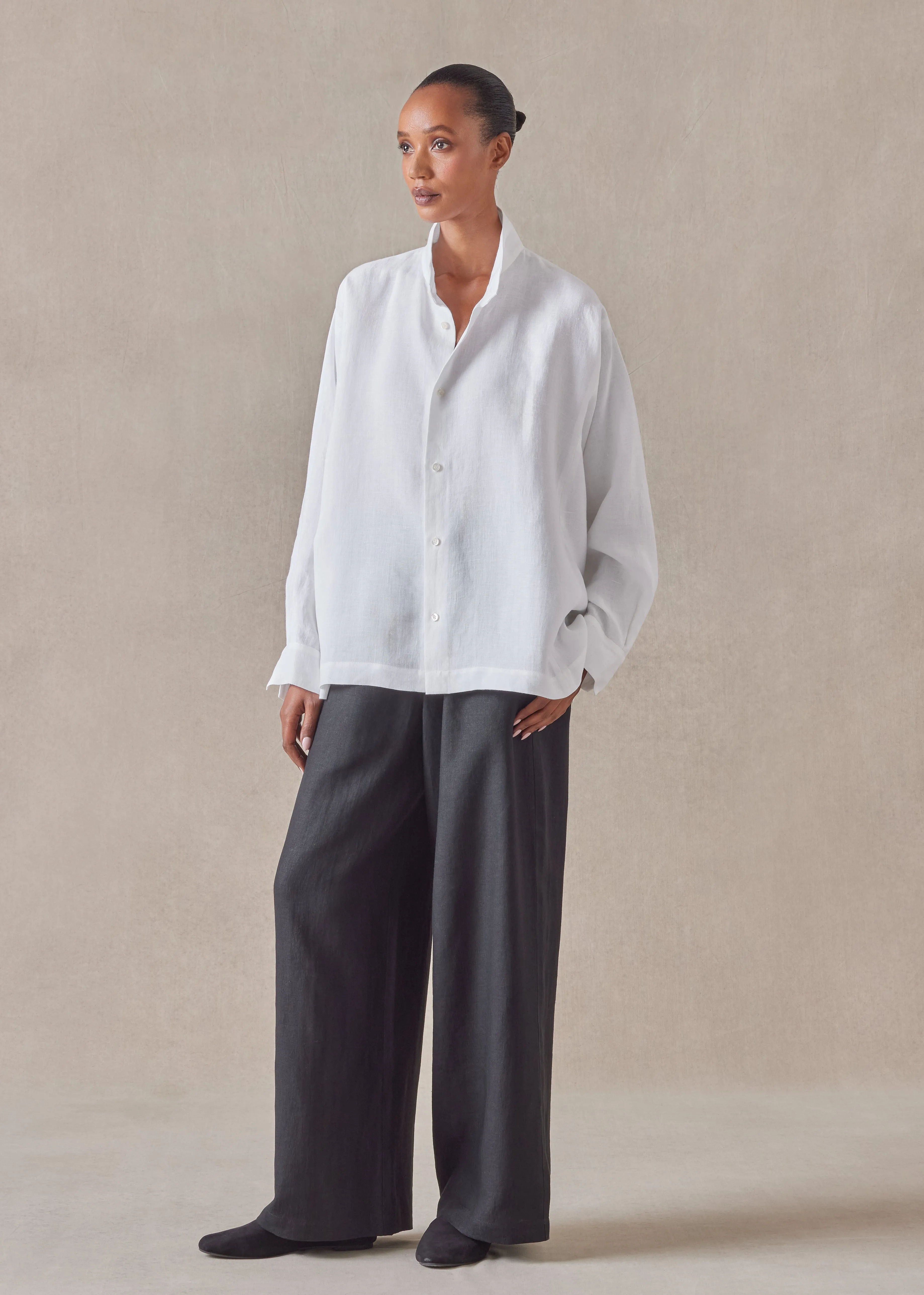 lightweight linen caucasus shirt with notch collar - mid plus (white) sold by eskandar product image thumbnail 2