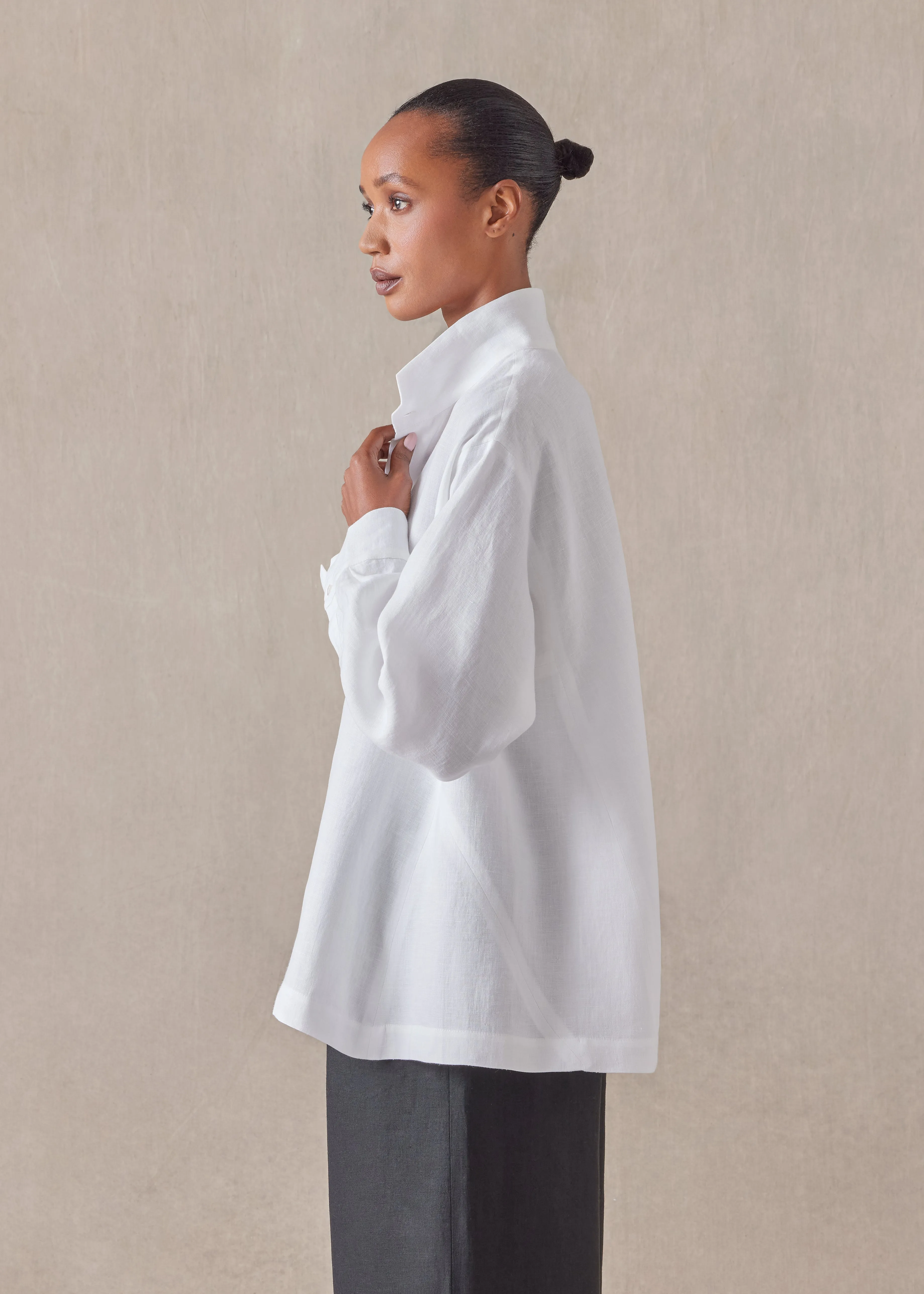 lightweight linen caucasus shirt with notch collar - mid plus (white) sold by eskandar product image thumbnail 3