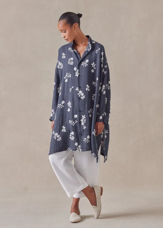 handkerchief linen wide a-line collarless shirt - very long with slits (navy) sold by eskandar