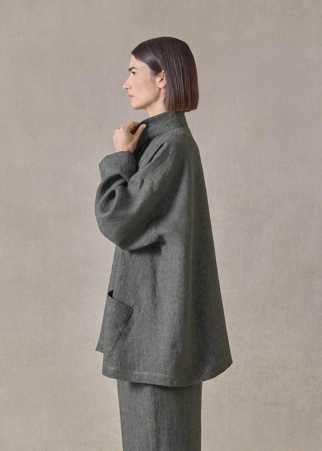 heavyweight delave linen angle to front double stand collar jacket - long (olivedark) sold by eskandar product image thumbnail 5