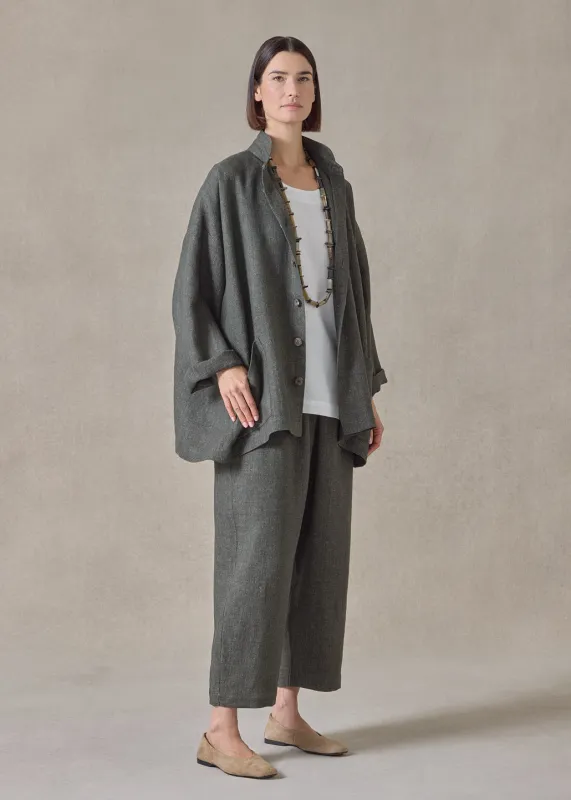 heavyweight delave linen angle to front double stand collar jacket - long (olivedark) sold by eskandar