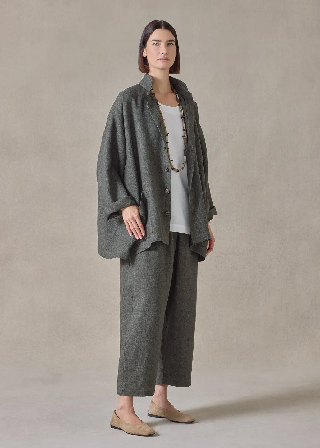 heavyweight delave linen angle to front double stand collar jacket - long (olivedark) sold by eskandar