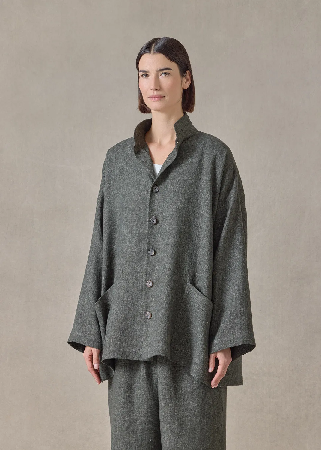 heavyweight delave linen angle to front double stand collar jacket - long (olivedark) sold by eskandar product image thumbnail 3