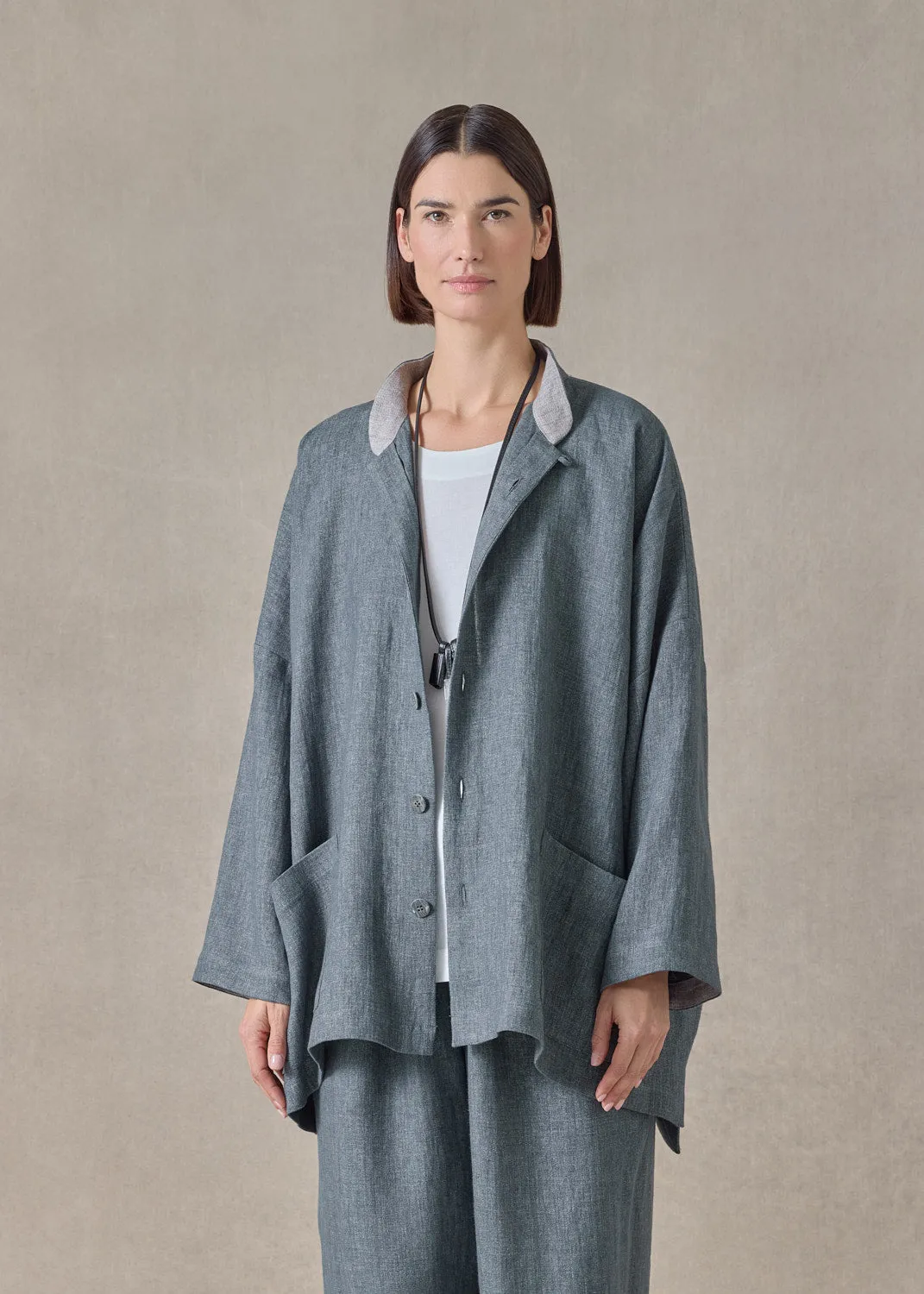 heavyweight delave linen longer back wide mandarin jacket - long (petrol) sold by eskandar product image thumbnail 2