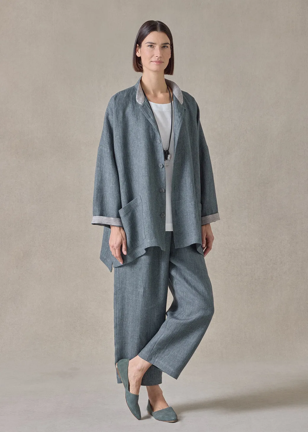 heavyweight delave linen longer back wide mandarin jacket - long (petrol) sold by eskandar