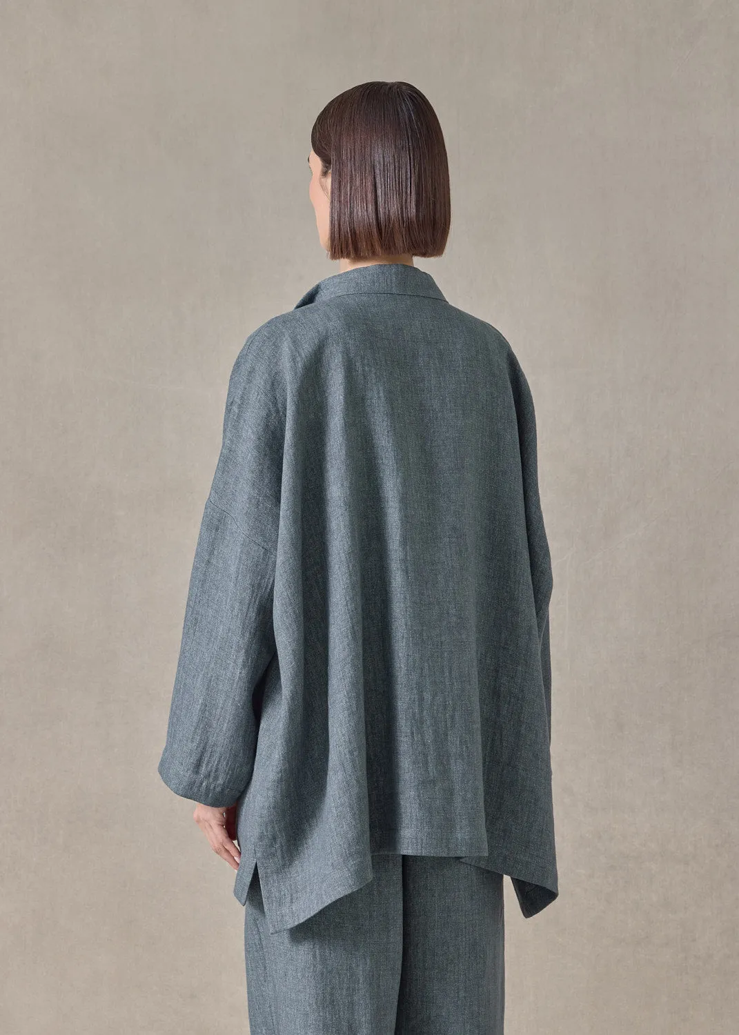 heavyweight delave linen longer back wide mandarin jacket - long (petrol) sold by eskandar product image thumbnail 4