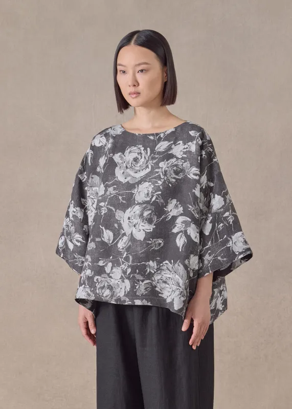 stonewashed linen 3/4 width scoop neck tunic with hem bands - mid (monochrome) sold by eskandar