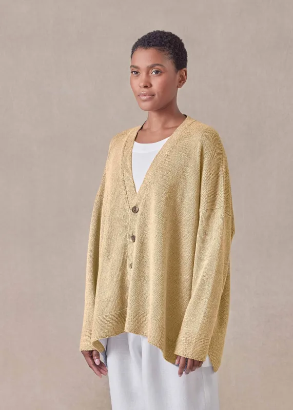linen cotton mix V neck cardigan - mid (straw) sold by eskandar