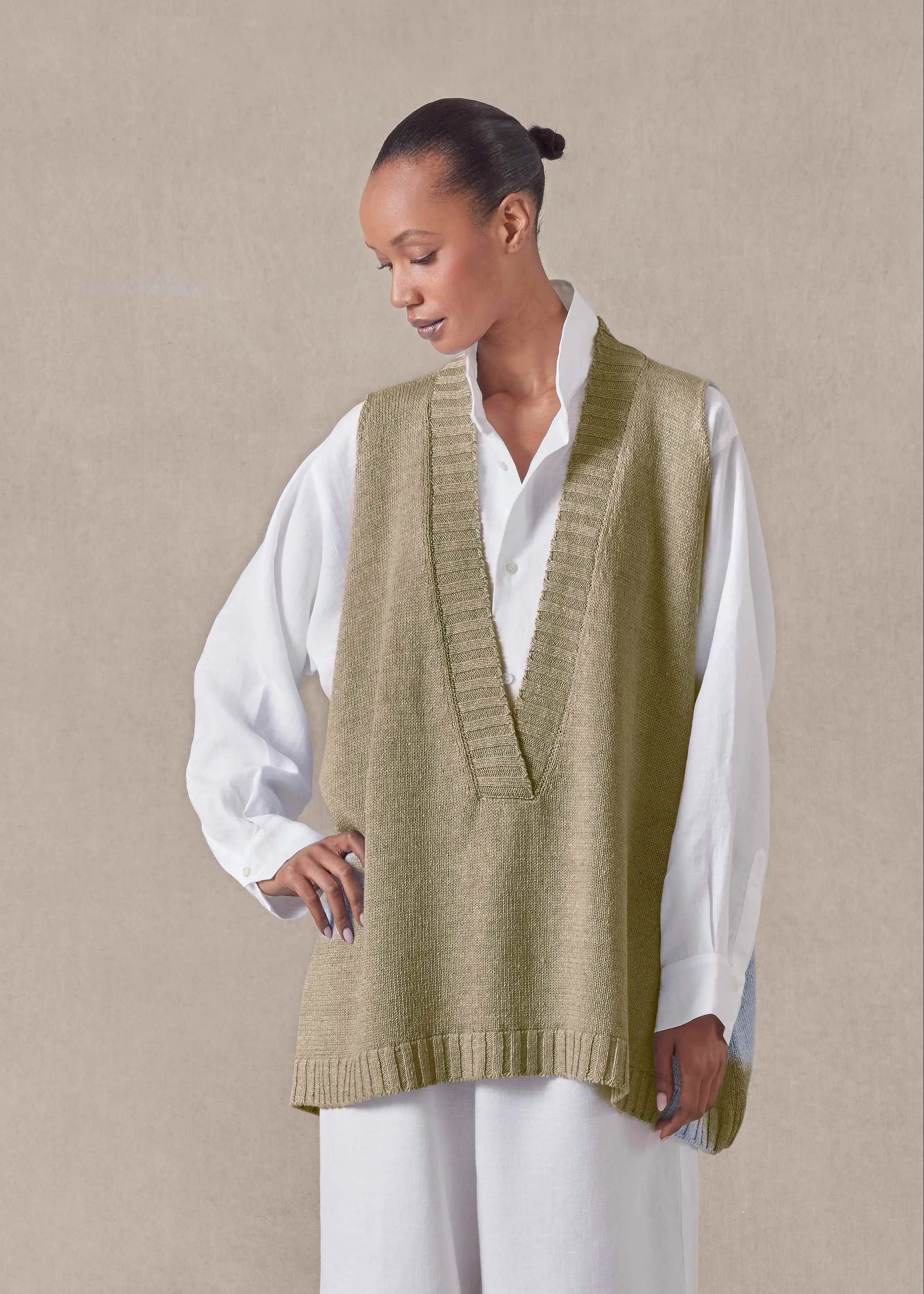 linen cotton mix sleeveless a-line V neck - mid plus (cardamom) sold by eskandar product image thumbnail 4