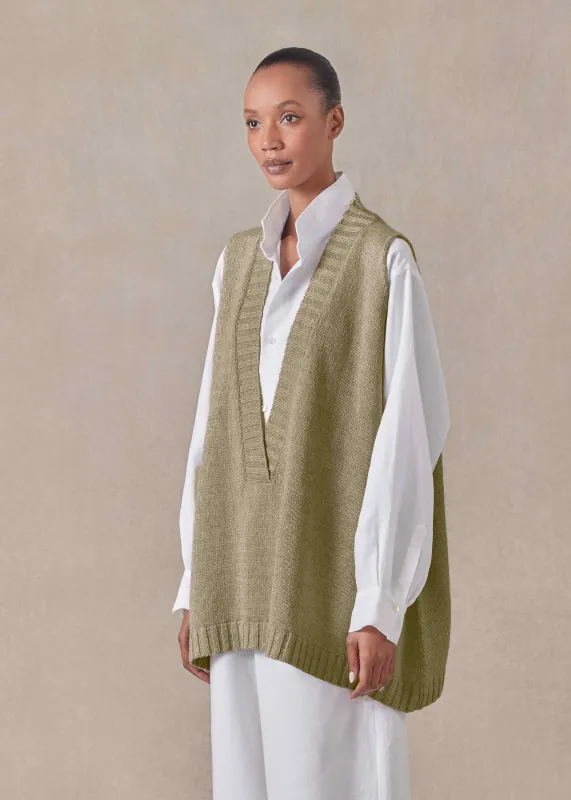 linen cotton mix sleeveless a-line V neck - mid plus (cardamom) sold by eskandar