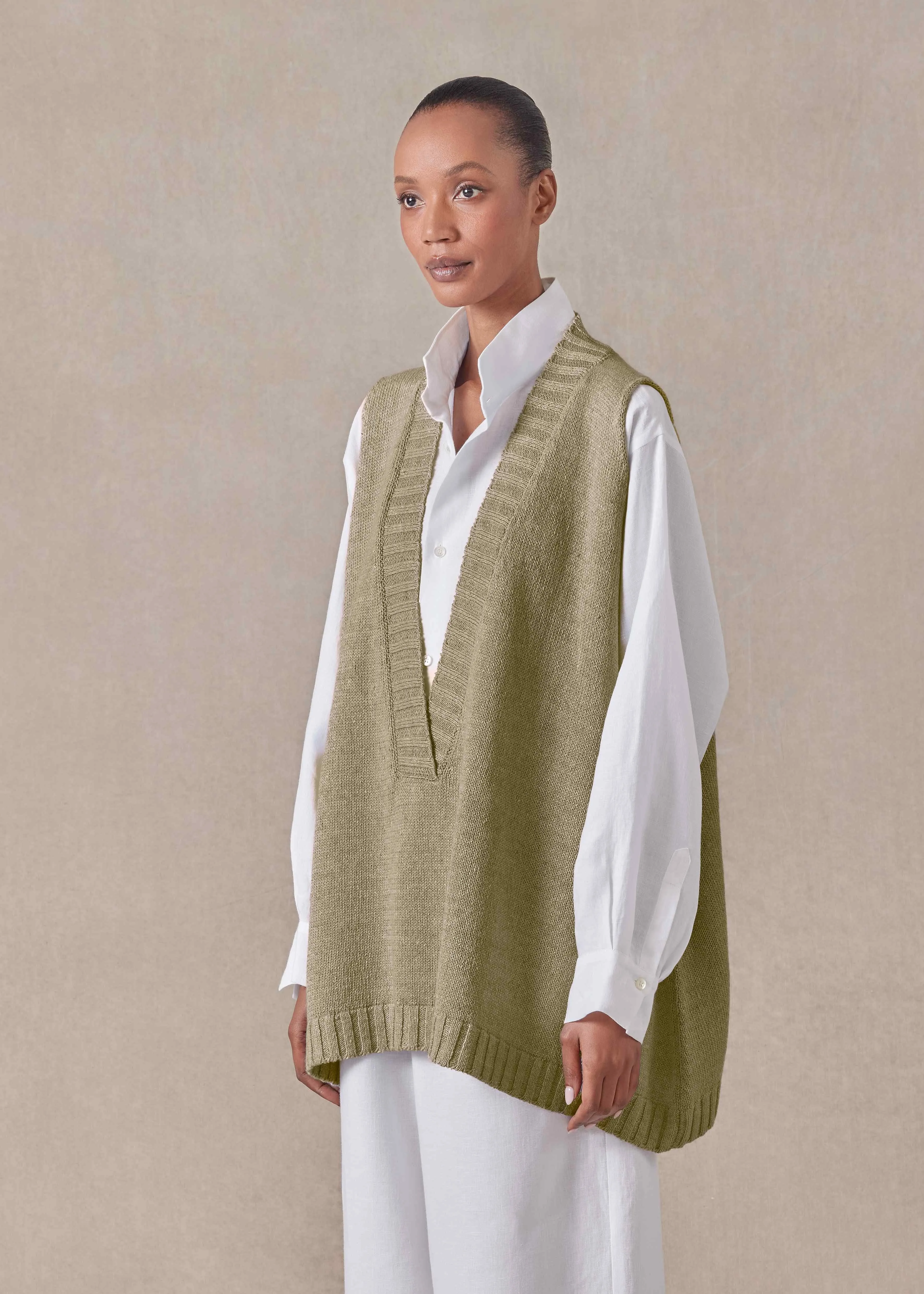 linen cotton mix sleeveless a-line V neck - mid plus (cardamom) sold by eskandar