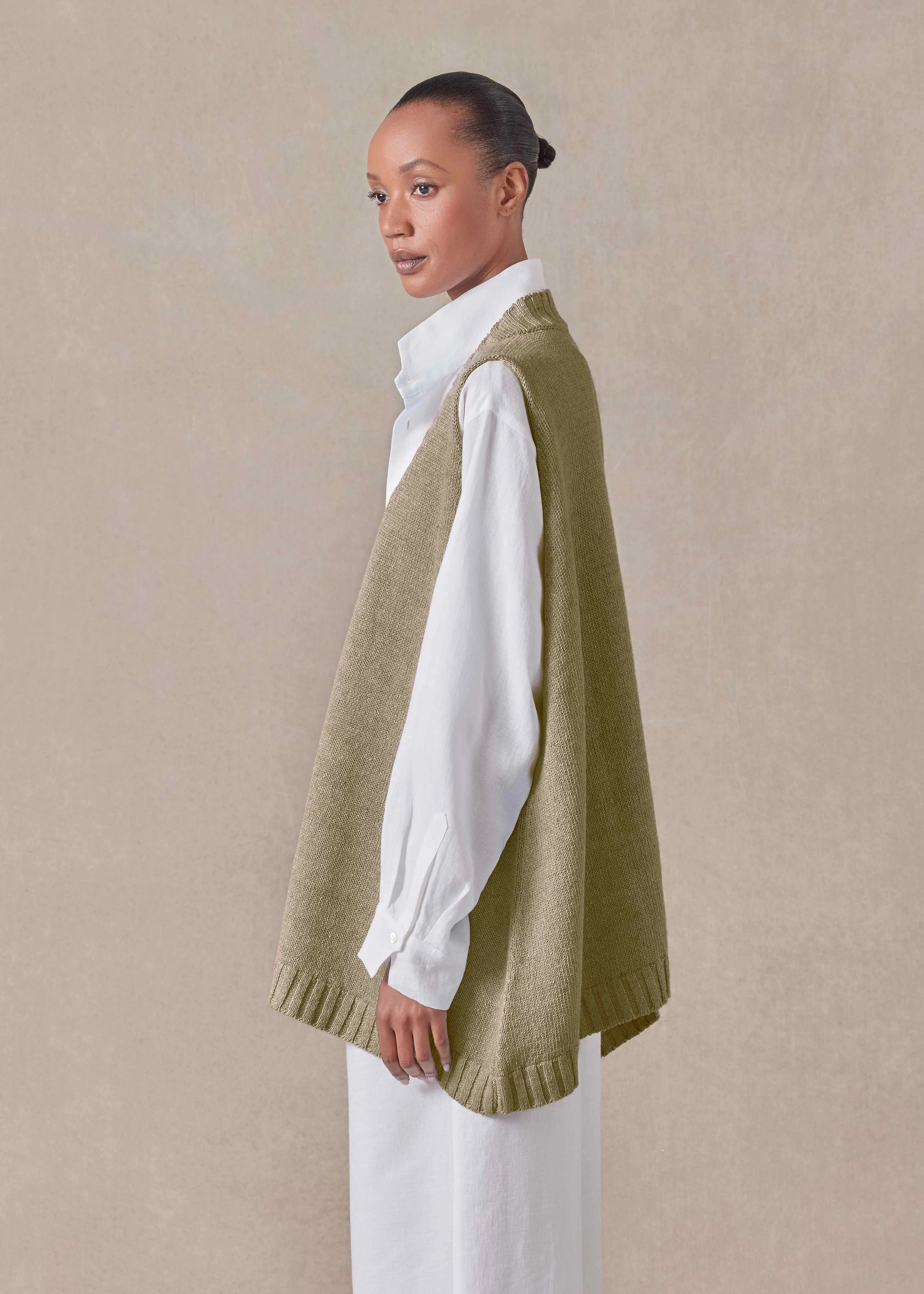 linen cotton mix sleeveless a-line V neck - mid plus (cardamom) sold by eskandar product image thumbnail 2