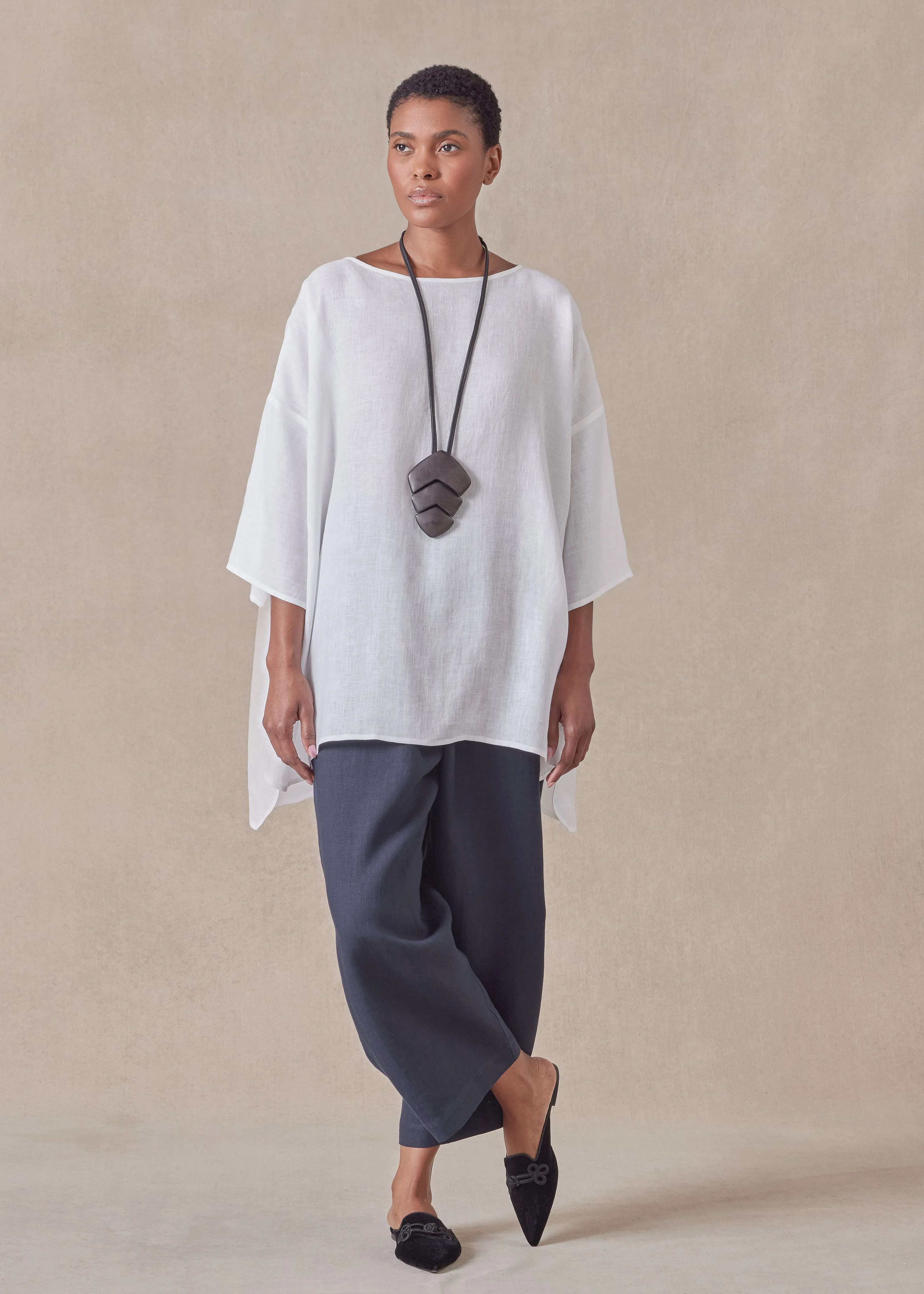 handkerchief linen sloped shoulder wide a-line scoop neck top - long (white) sold by eskandar